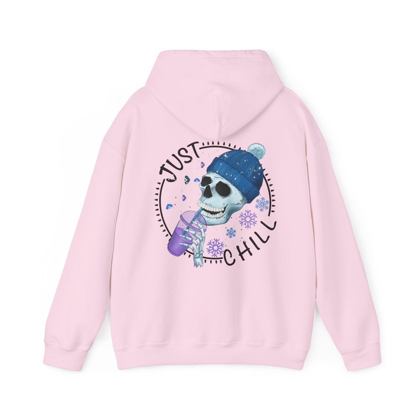 Light Pink colored hoodie with graphic on front and back. Front has snow flake on left pocket chest pocket area.  Back has a cute skeleton with winter hat drinking an iced coffee surrounded by the words just chill in a circle with decorative elements filling the gap between the words in a circle.  Circle also has snowflakes filling in the open space around the skeleton.