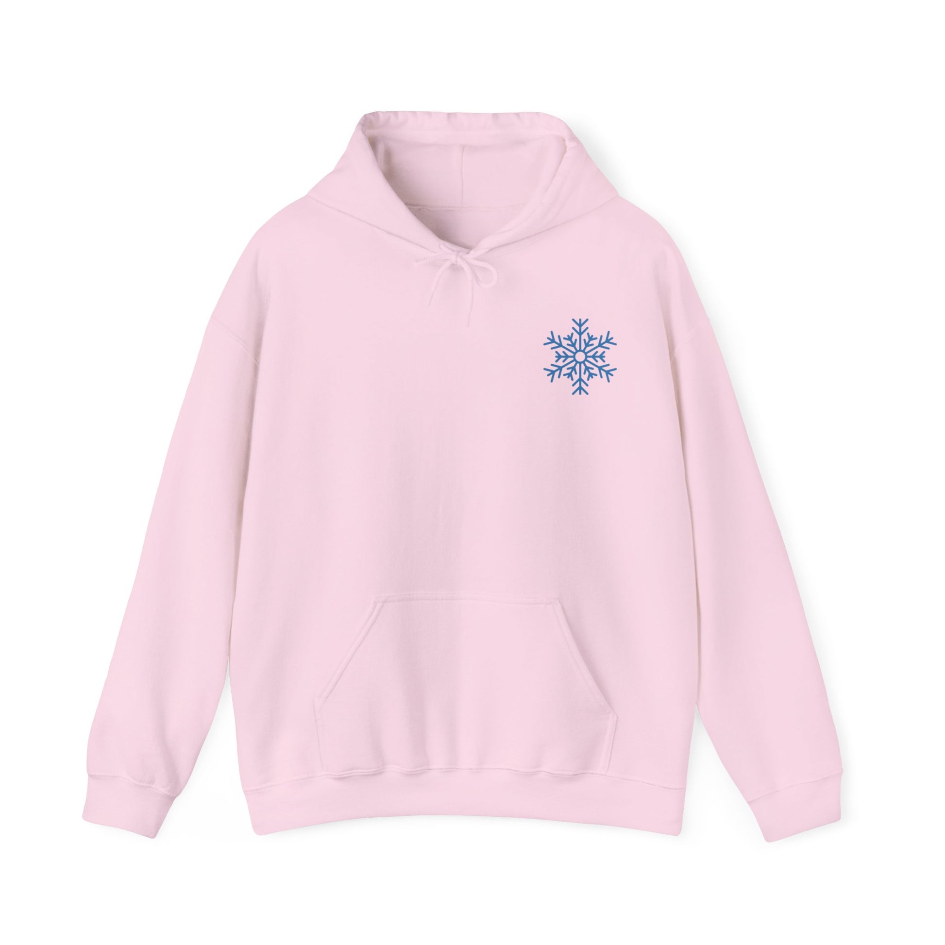 Light Pink colored hoodie with graphic on front and back. Front has snow flake on left pocket chest pocket area.  Back has a cute skeleton with winter hat drinking an iced coffee surrounded by the words just chill in a circle with decorative elements filling the gap between the words in a circle.  Circle also has snowflakes filling in the open space around the skeleton.