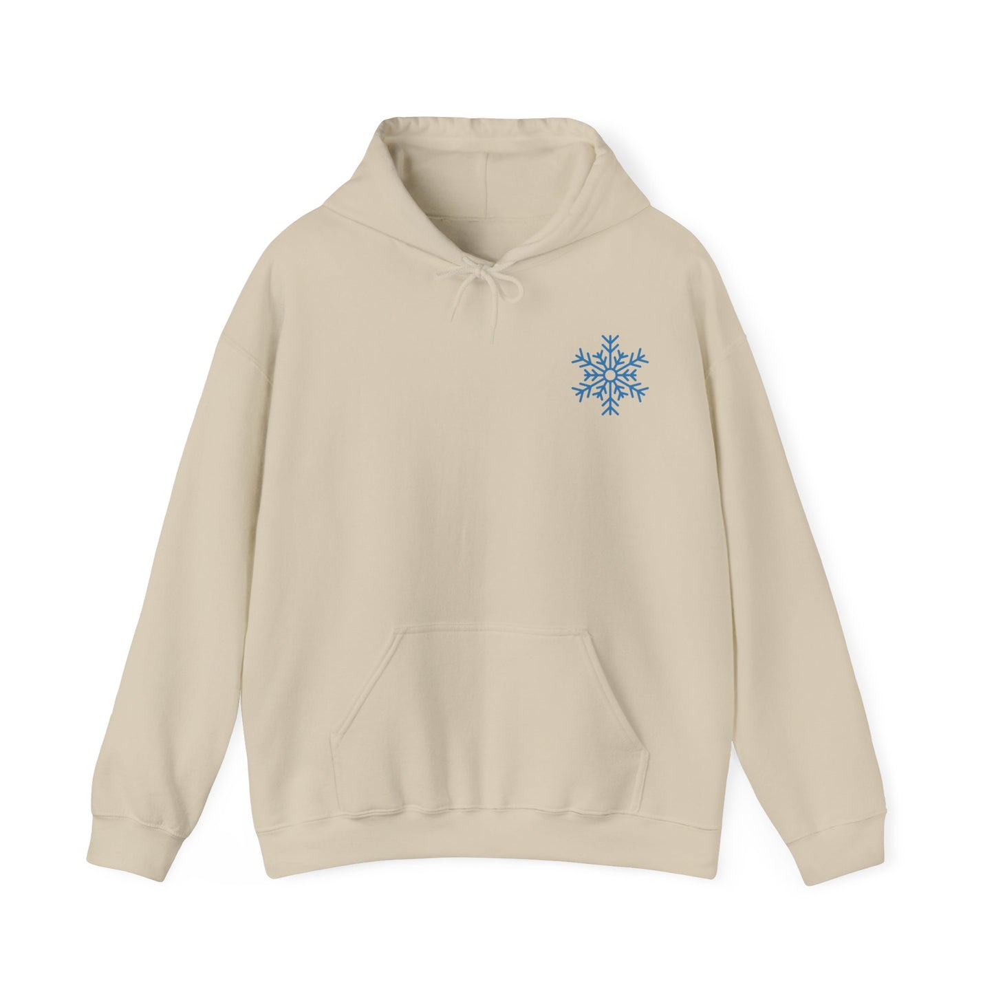 Sand colored hoodie with graphic on front and back. Front has snow flake on left pocket chest pocket area.  Back has a cute skeleton with winter hat drinking an iced coffee surrounded by the words just chill in a circle with decorative elements filling the gap between the words in a circle.  Circle also has snowflakes filling in the open space around the skeleton.