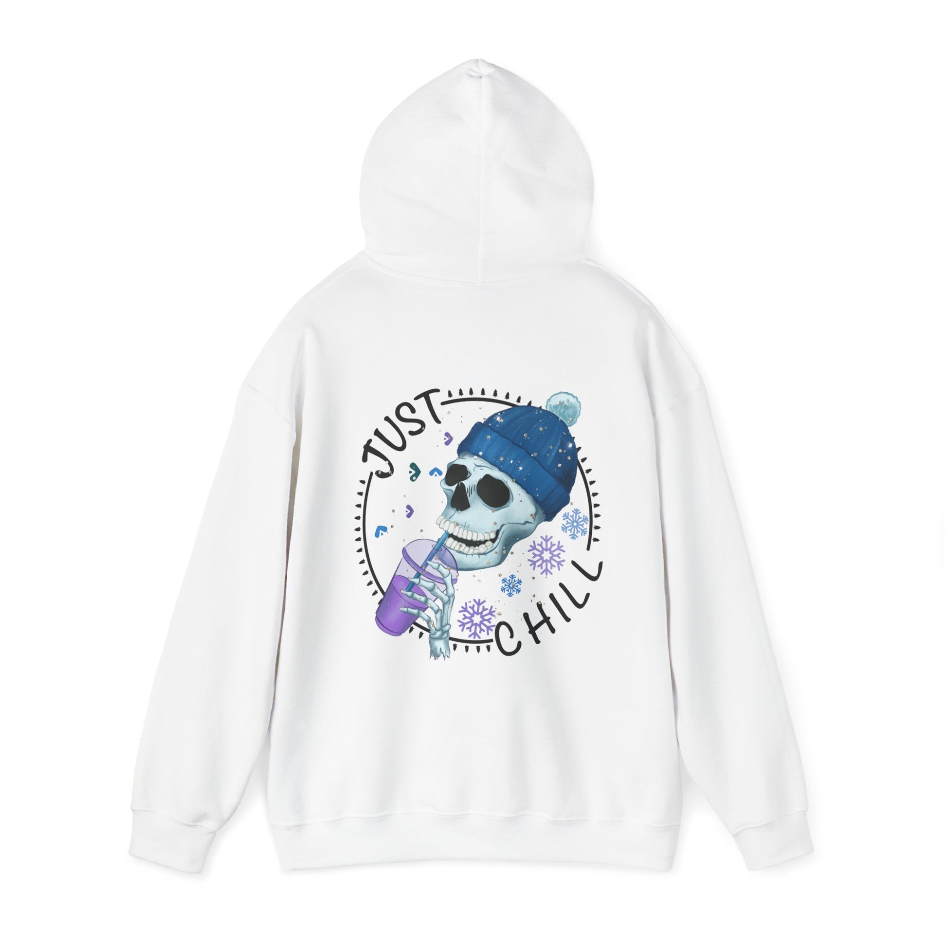 White colored hoodie with graphic on front and back. Front has snow flake on left pocket chest pocket area.  Back has a cute skeleton with winter hat drinking an iced coffee surrounded by the words just chill in a circle with decorative elements filling the gap between the words in a circle.  Circle also has snowflakes filling in the open space around the skeleton.