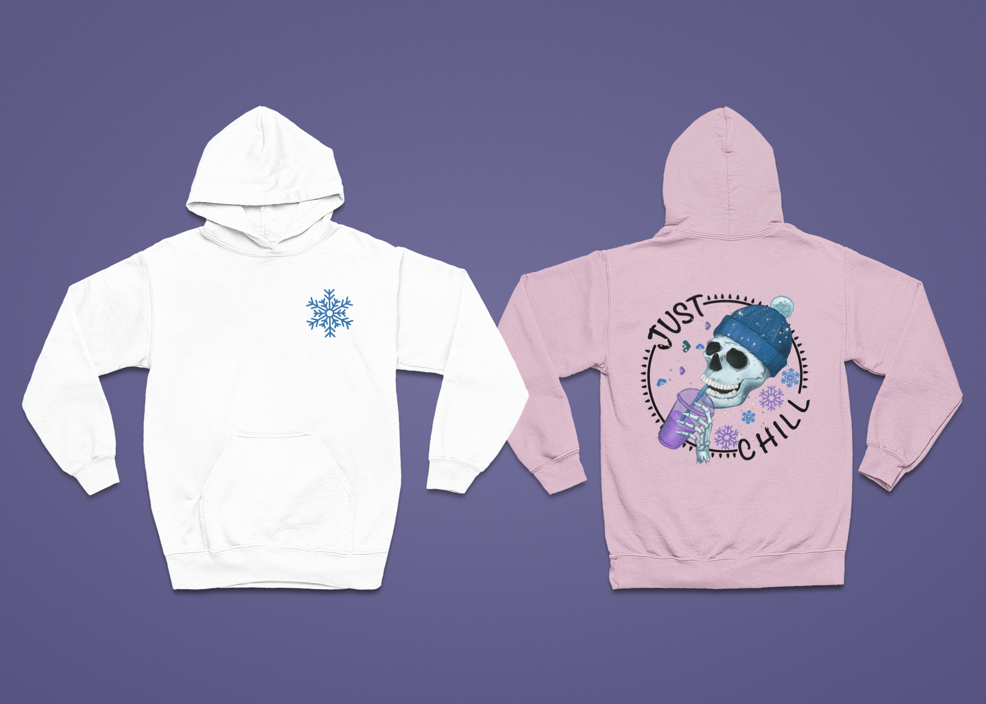 White front and pink back colored hoodie with graphic on front and back flat lay showing both sides at the same time. Front has snow flake on left pocket chest pocket area.  Back has a cute skeleton with winter hat drinking an iced coffee surrounded by the words just chill in a circle with decorative elements filling the gap between the words in a circle.  Circle also has snowflakes filling in the open space around the skeleton.