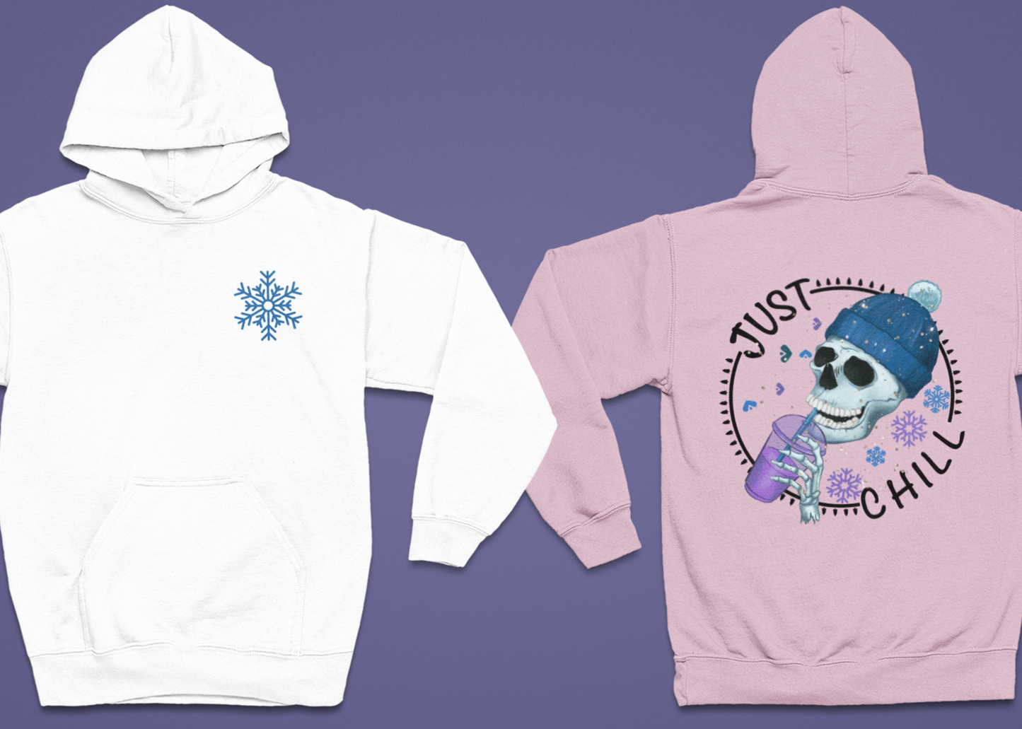 White front and pink back colored hoodie zoomed in with graphic on front and back. Front has snow flake on left pocket chest pocket area.  Back has a cute skeleton with winter hat drinking an iced coffee surrounded by the words just chill in a circle with decorative elements filling the gap between the words in a circle.  Circle also has snowflakes filling in the open space around the skeleton.