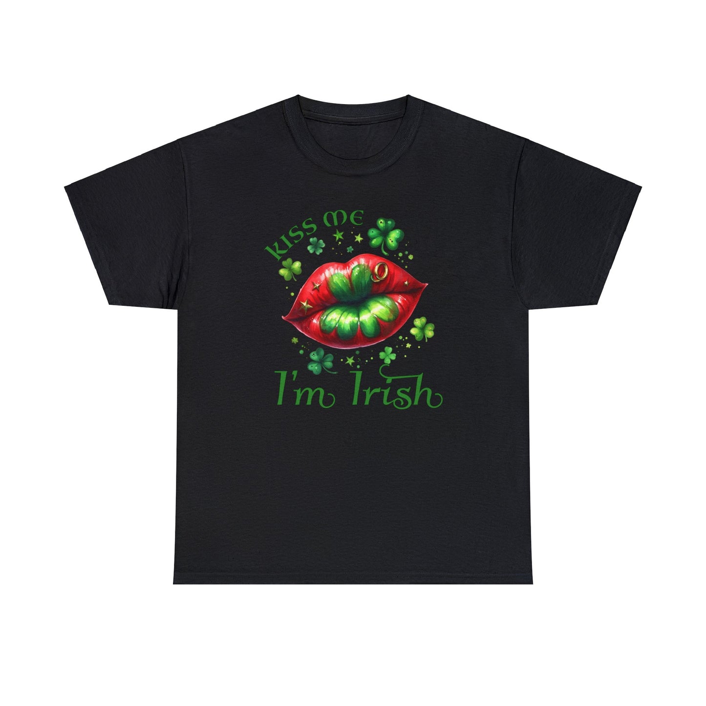 Black color St. Patrick's Day T-shirt.  Graphic is red lips with green shamrock in the middle surrounded by various sizes of shamrocks and the words "Kiss Me I'm Irish" to complete the graphic.