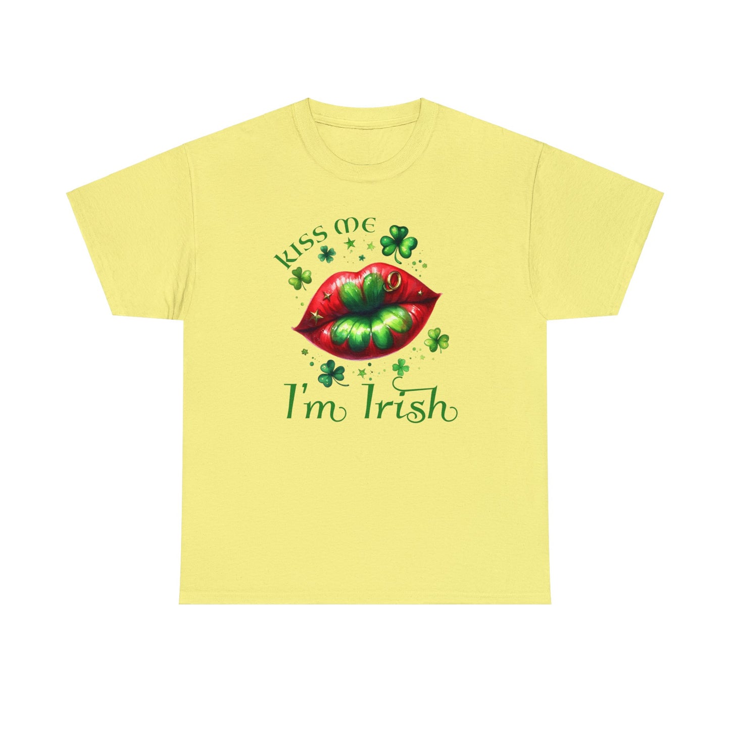 Cornsilk color St. Patrick's Day T-shirt.  Graphic is red lips with green shamrock in the middle surrounded by various sizes of shamrocks and the words "Kiss Me I'm Irish" to complete the graphic.