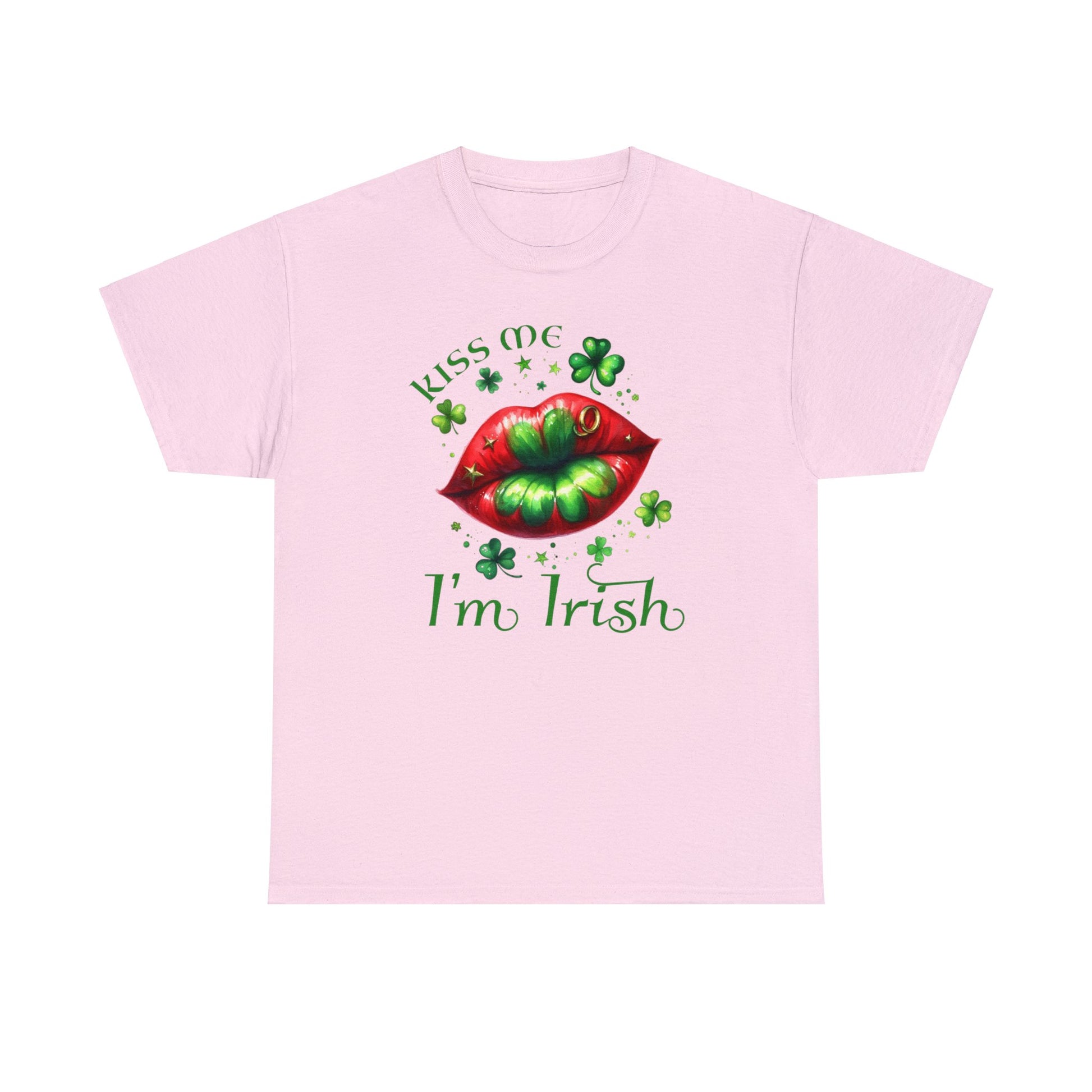 Light Pink color St. Patrick's Day T-shirt.  Graphic is red lips with green shamrock in the middle surrounded by various sizes of shamrocks and the words "Kiss Me I'm Irish" to complete the graphic.