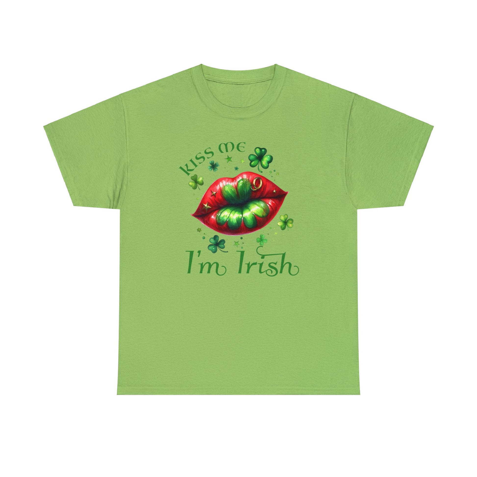 Lime color St. Patrick's Day T-shirt.  Graphic is red lips with green shamrock in the middle surrounded by various sizes of shamrocks and the words "Kiss Me I'm Irish" to complete the graphic.