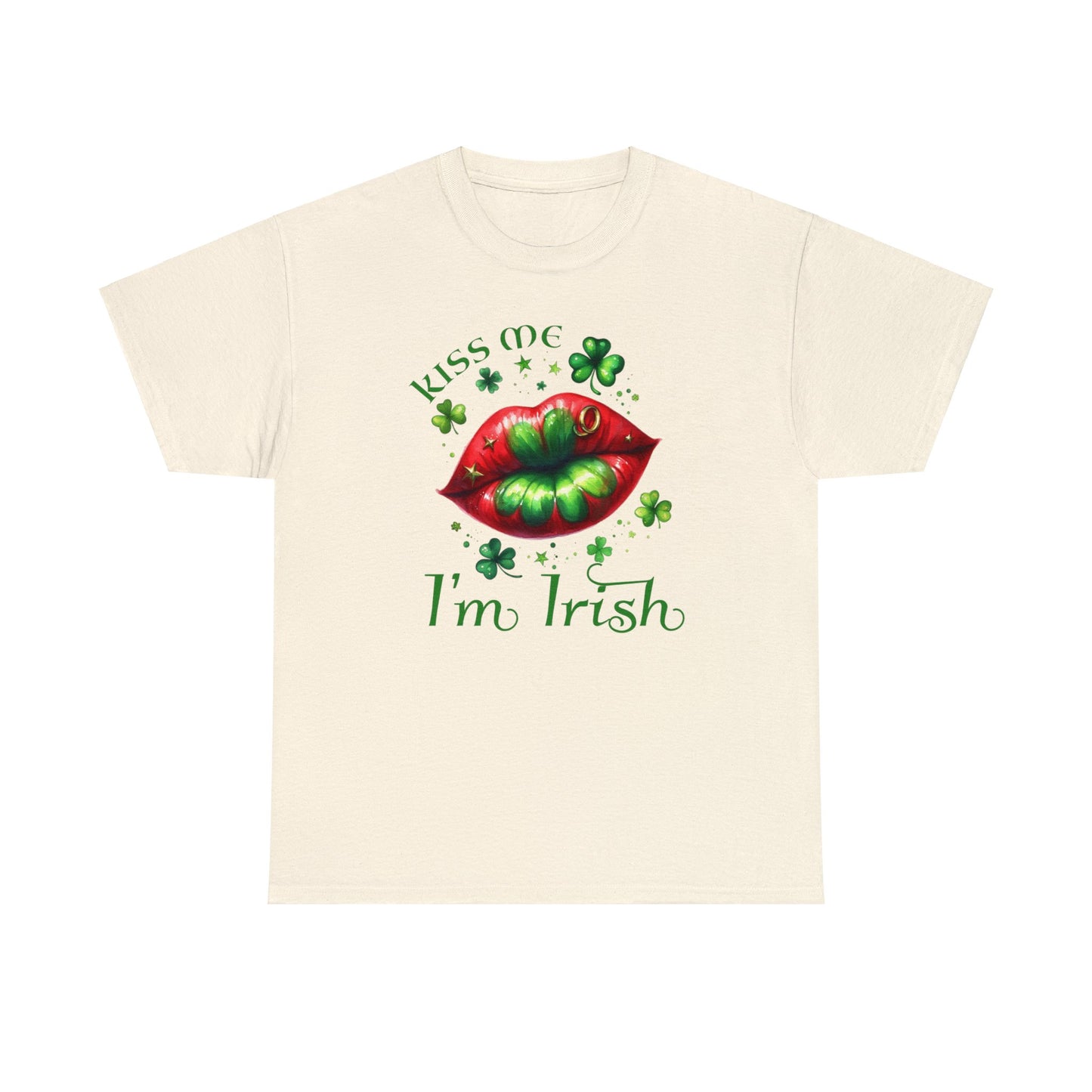 Natural color St. Patrick's Day T-shirt.  Graphic is red lips with green shamrock in the middle surrounded by various sizes of shamrocks and the words "Kiss Me I'm Irish" to complete the graphic.