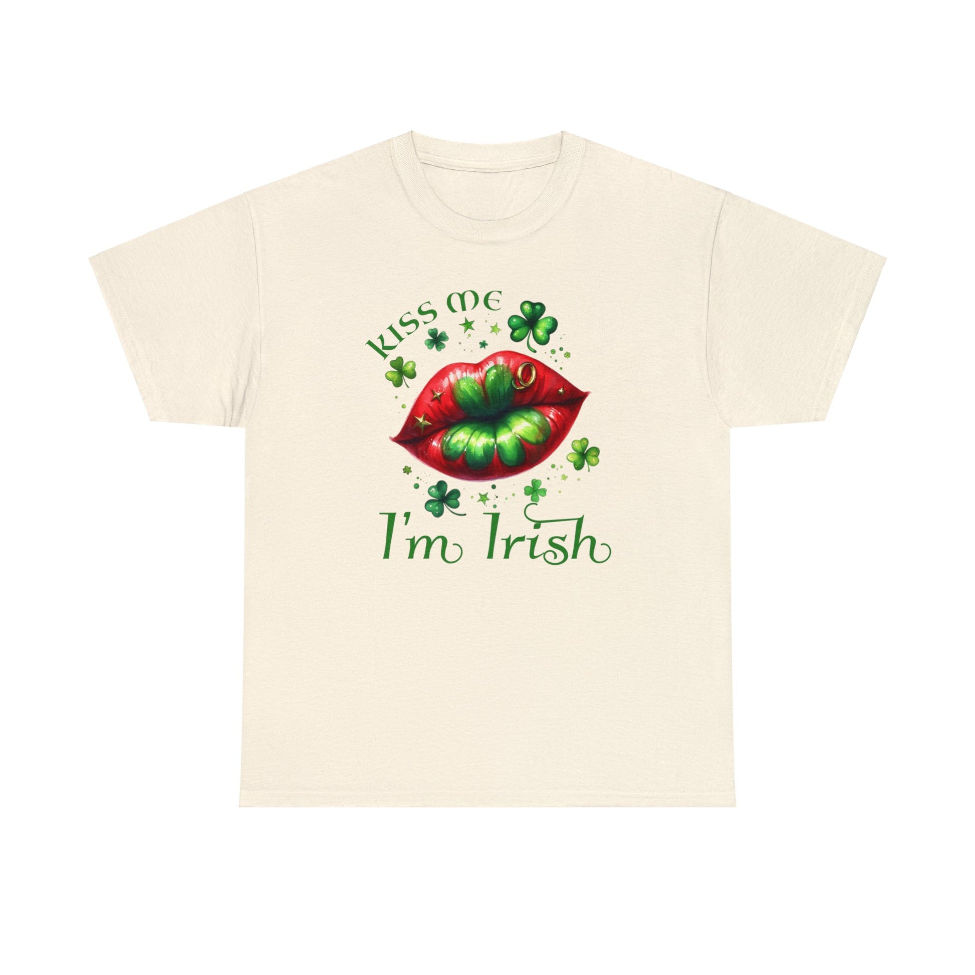 Natural color St. Patrick's Day T-shirt.  Graphic is red lips with green shamrock in the middle surrounded by various sizes of shamrocks and the words "Kiss Me I'm Irish" to complete the graphic.