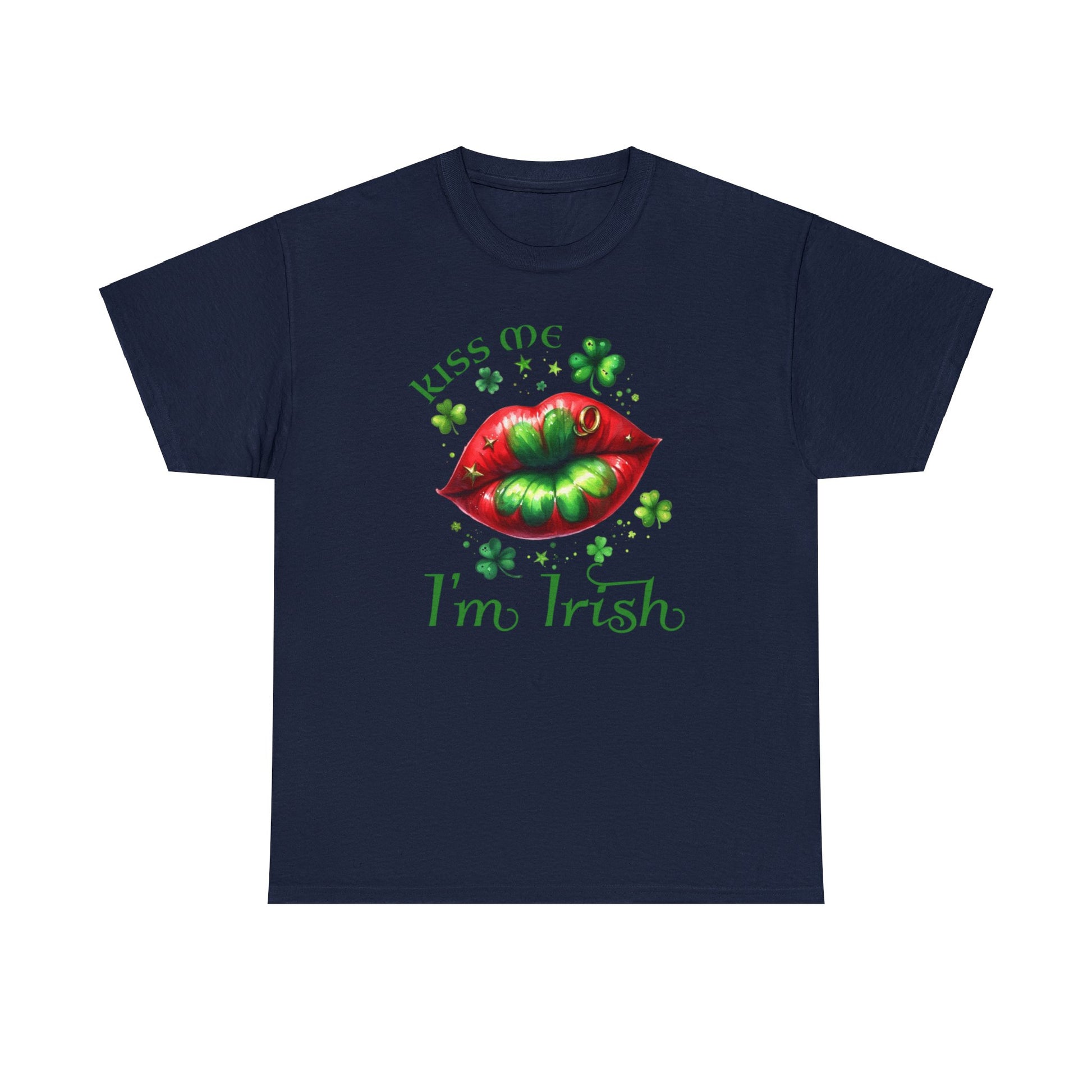 Navy color St. Patrick's Day T-shirt.  Graphic is red lips with green shamrock in the middle surrounded by various sizes of shamrocks and the words "Kiss Me I'm Irish" to complete the graphic.