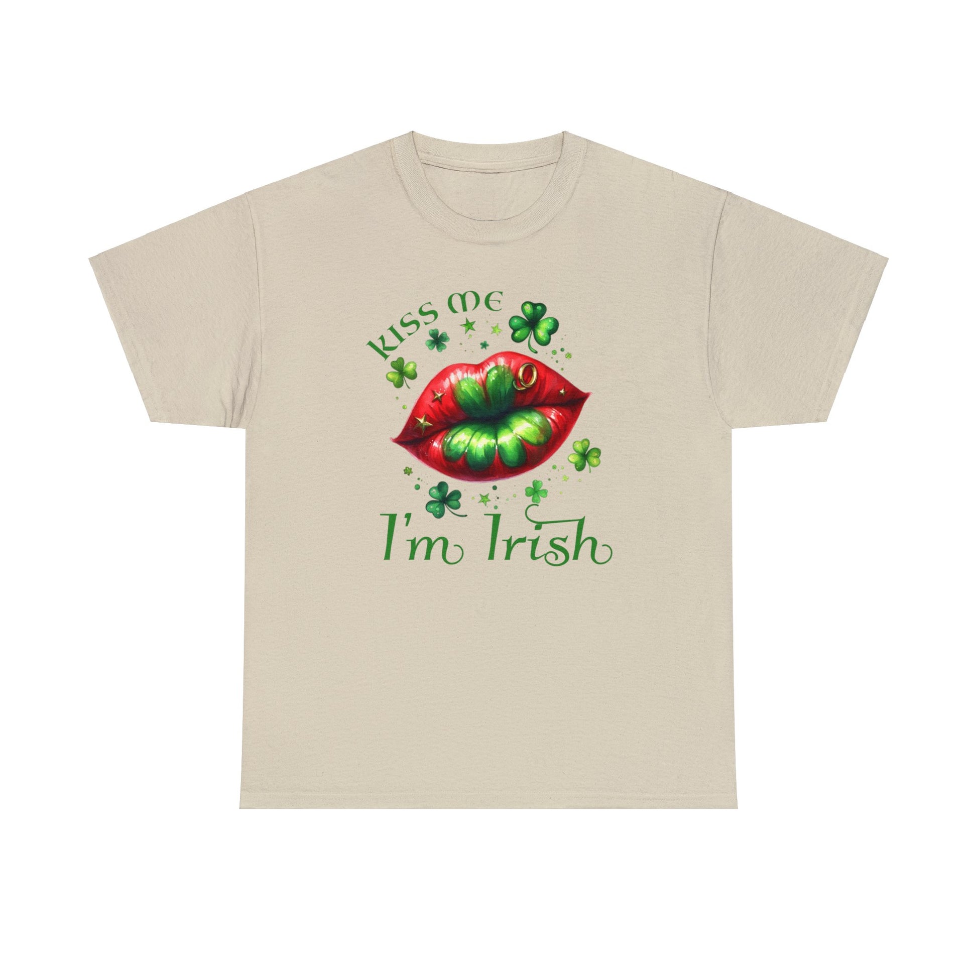 Sand color St. Patrick's Day T-shirt.  Graphic is red lips with green shamrock in the middle surrounded by various sizes of shamrocks and the words "Kiss Me I'm Irish" to complete the graphic.