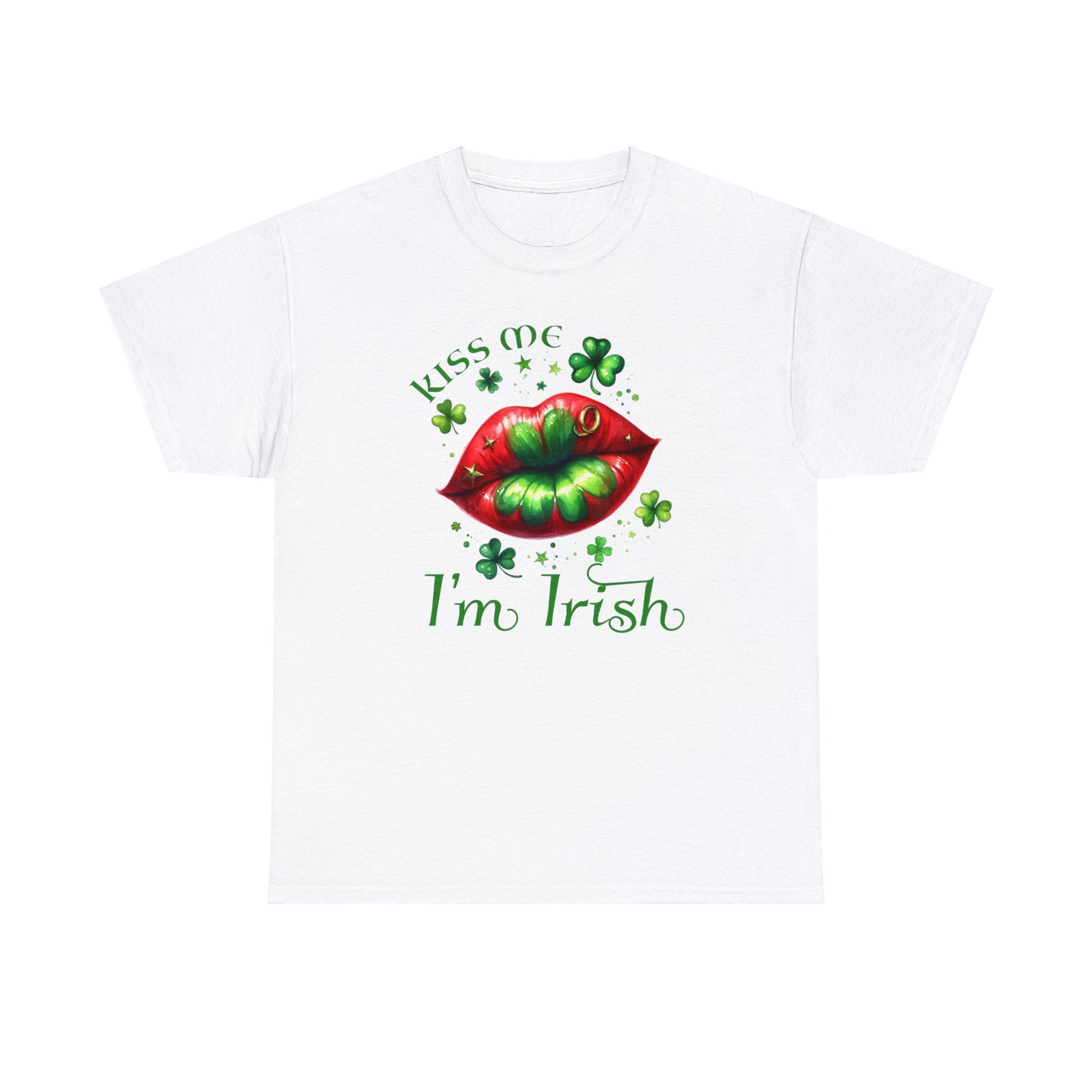 White color St. Patrick's Day T-shirt.  Graphic is red lips with green shamrock in the middle surrounded by various sizes of shamrocks and the words "Kiss Me I'm Irish" to complete the graphic.