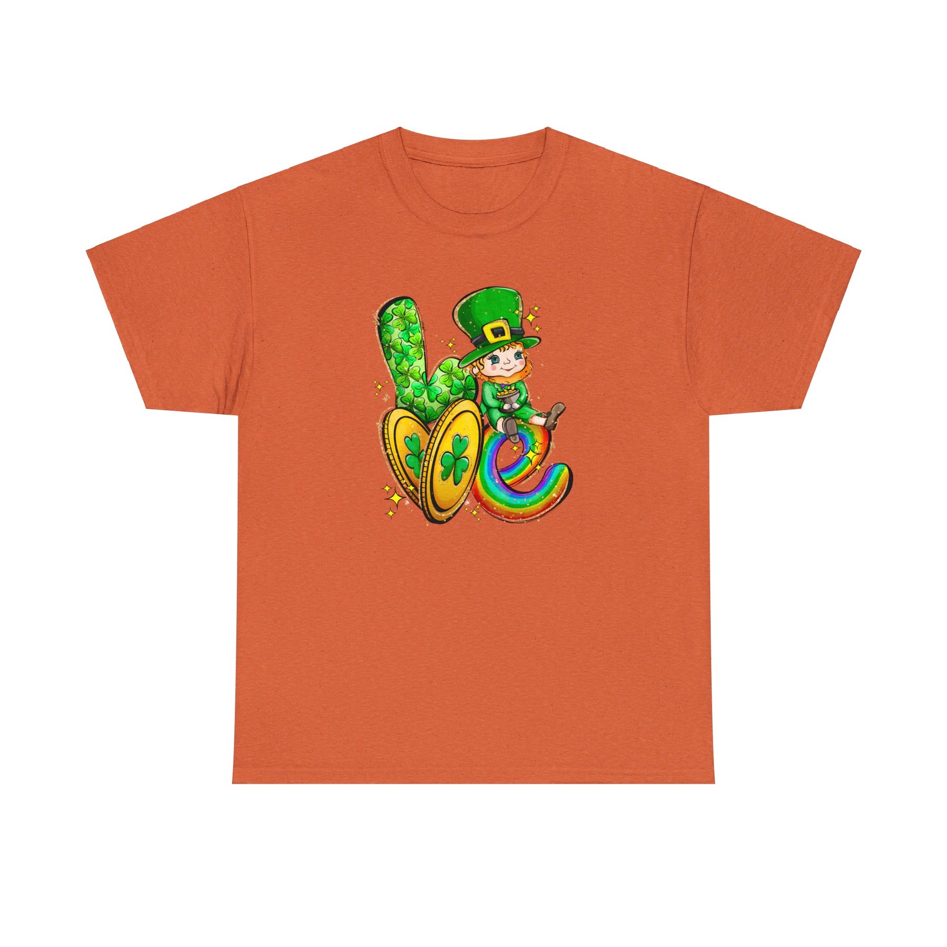 Antique Orange Color Shirt spelling out the word love with a leprechaun representing the letter "O", two gold coins for the letter "V", and a rainbow in the shape of a letter "E".