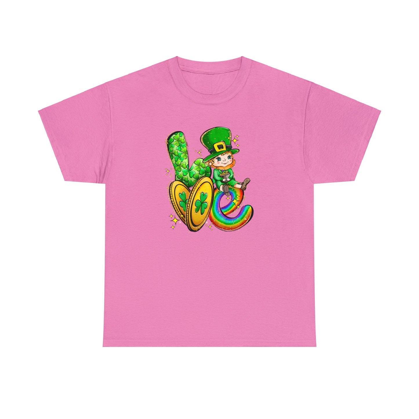 Azalea Color Shirt spelling out the word love with a leprechaun representing the letter "O", two gold coins for the letter "V", and a rainbow in the shape of a letter "E".