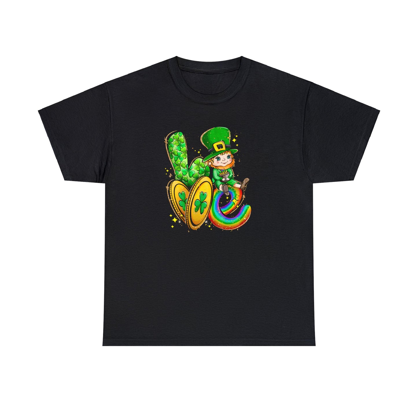 Black Color Shirt spelling out the word love with a leprechaun representing the letter "O", two gold coins for the letter "V", and a rainbow in the shape of a letter "E".