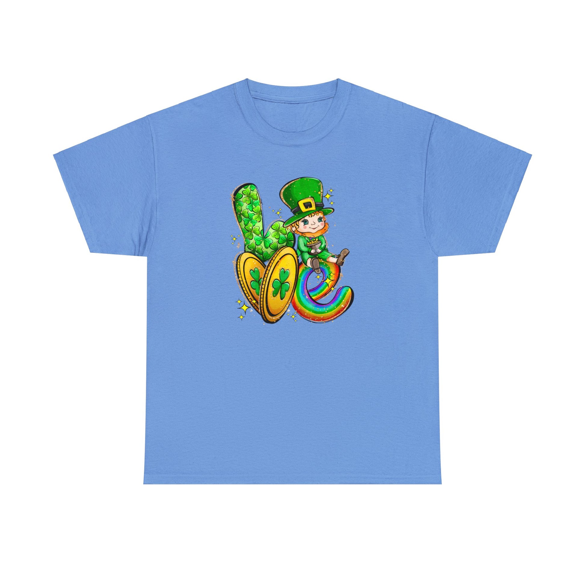 Carolina Blue Color Shirt spelling out the word love with a leprechaun representing the letter "O", two gold coins for the letter "V", and a rainbow in the shape of a letter "E".