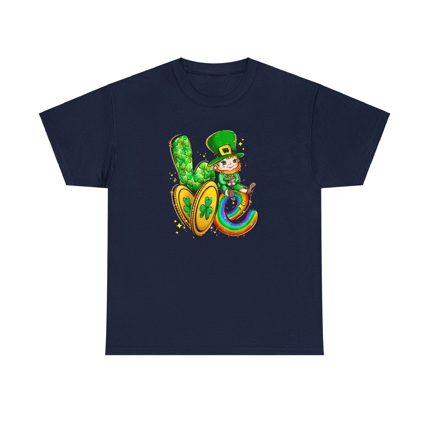 Navy Color Shirt spelling out the word love with a leprechaun representing the letter "O", two gold coins for the letter "V", and a rainbow in the shape of a letter "E".