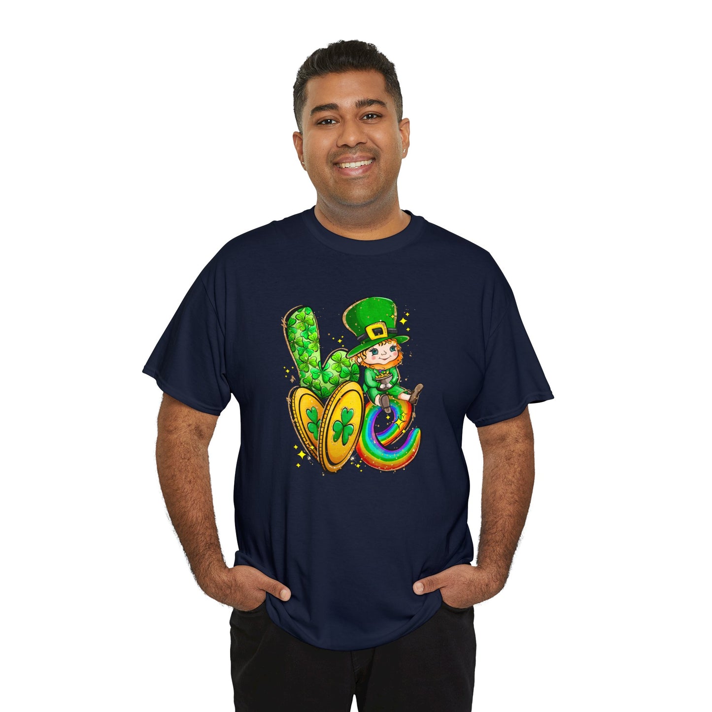 Navy Color Shirt spelling out the word love with a leprechaun representing the letter "O", two gold coins for the letter "V", and a rainbow in the shape of a letter "E". Male Mock-up