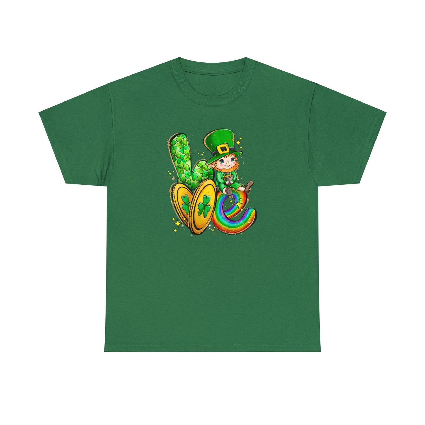 Turf Green Color Shirt spelling out the word love with a leprechaun representing the letter "O", two gold coins for the letter "V", and a rainbow in the shape of a letter "E".