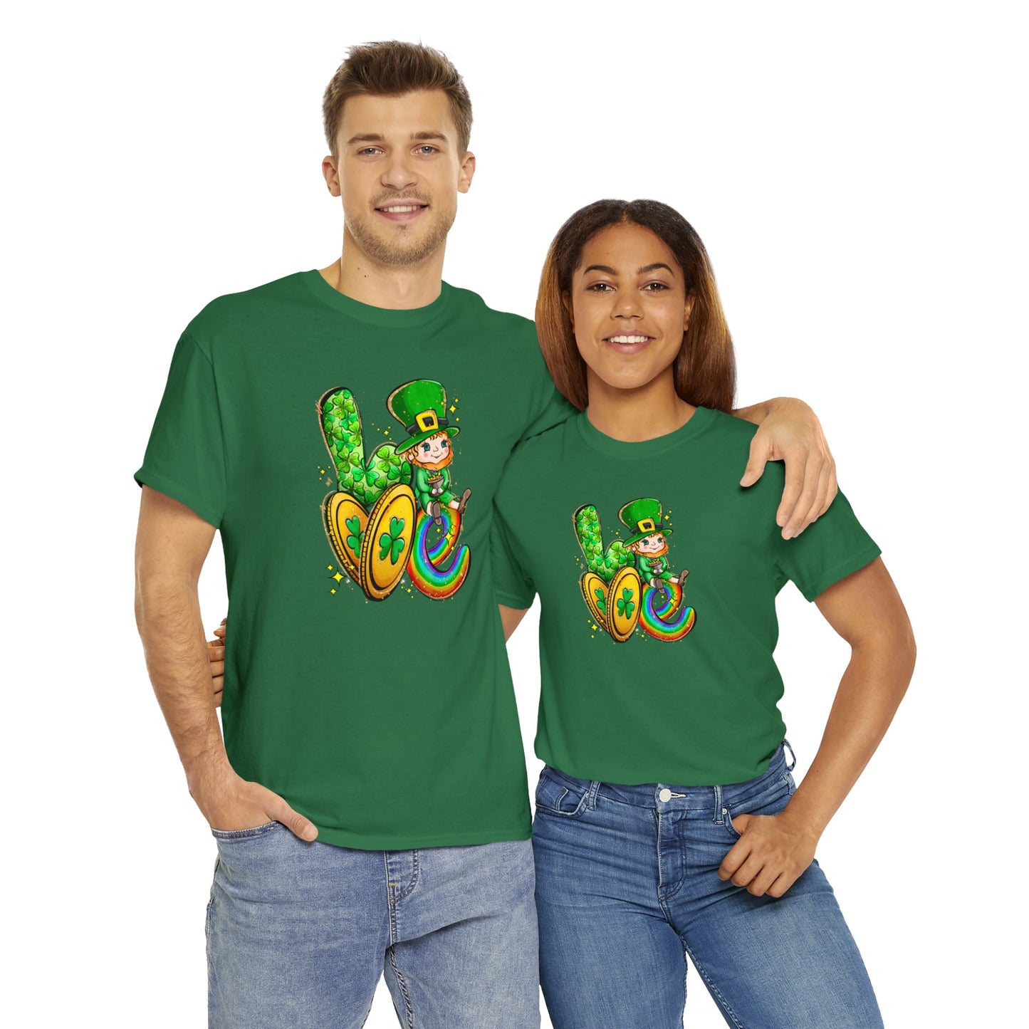 Turf Green Color Shirt spelling out the word love with a leprechaun representing the letter "O", two gold coins for the letter "V", and a rainbow in the shape of a letter "E". Couple Mock-Up