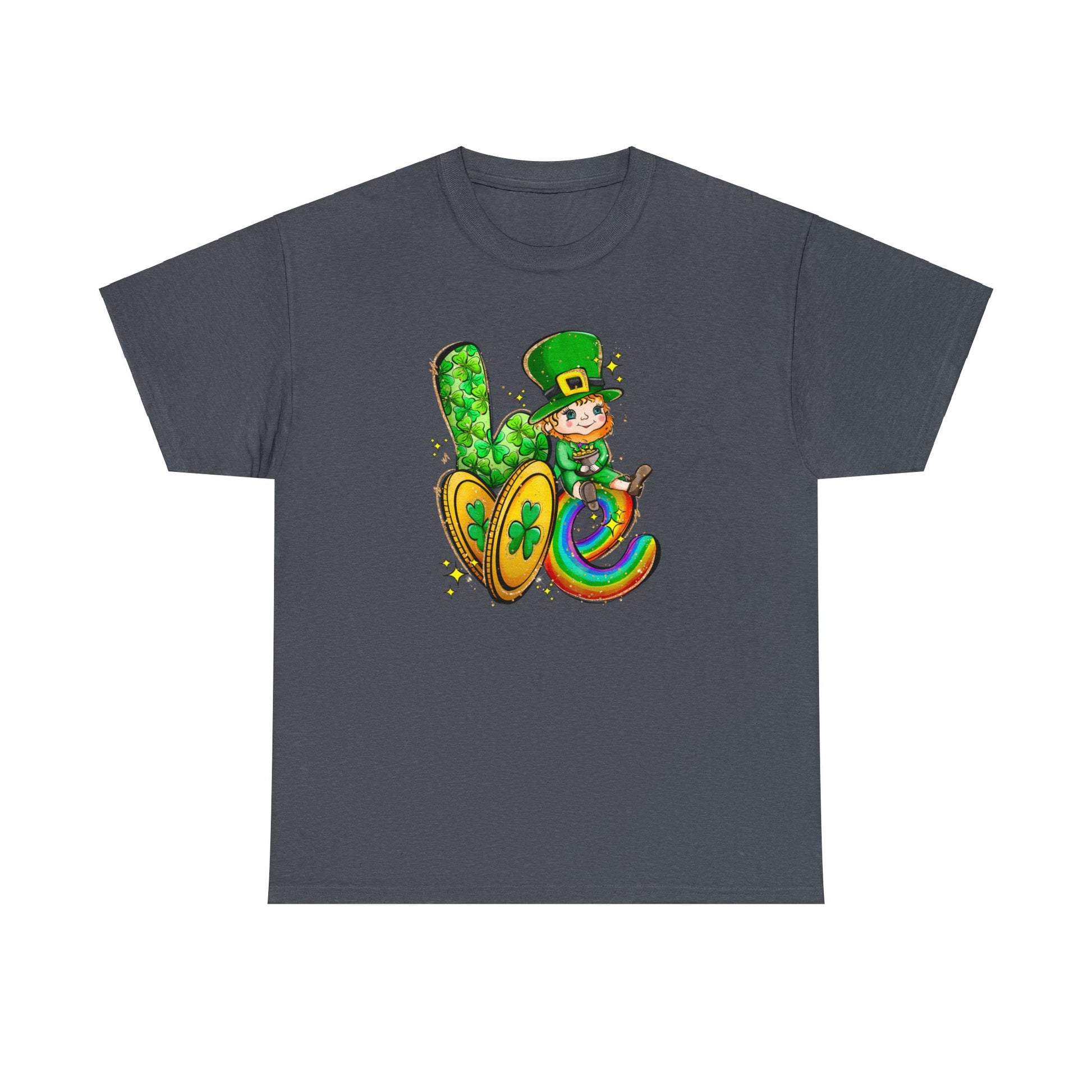 Tweed Color Shirt spelling out the word love with a leprechaun representing the letter "O", two gold coins for the letter "V", and a rainbow in the shape of a letter "E".