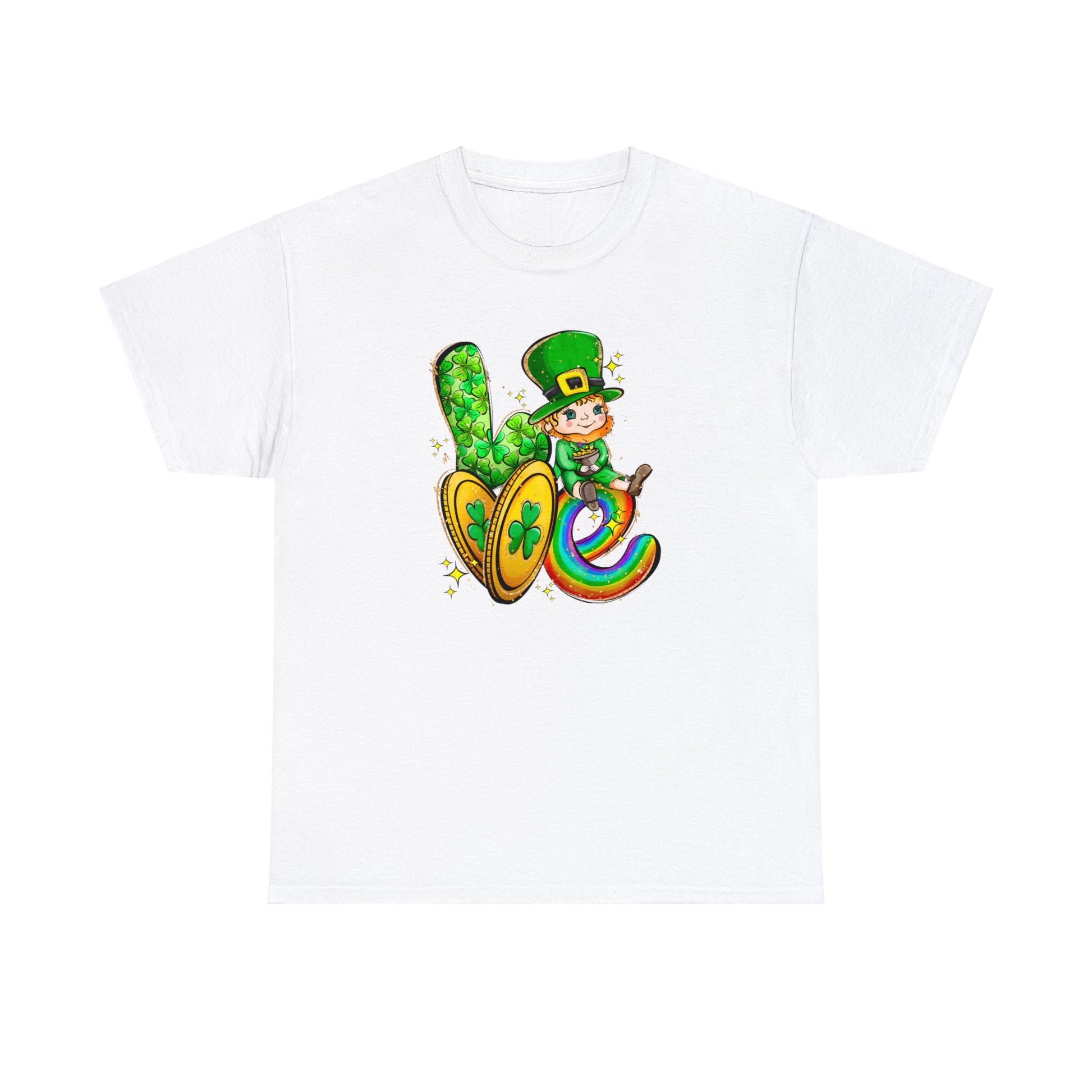 White Color Shirt spelling out the word love with a leprechaun representing the letter "O", two gold coins for the letter "V", and a rainbow in the shape of a letter "E".