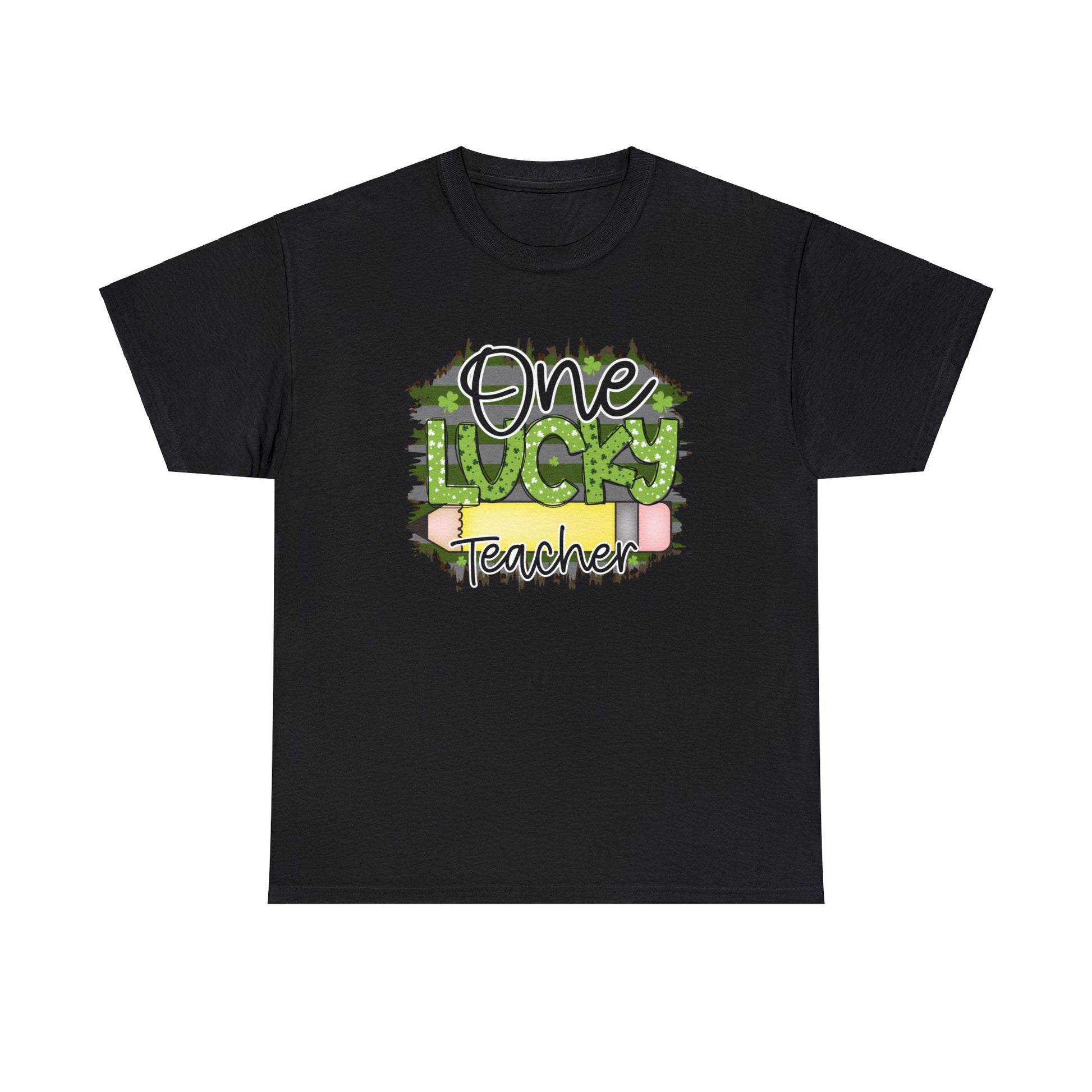 Black color T-shirt with the words One in black Lucky in Green with White and Green Shamrocks and Teacher in Black with white outline.  There is a pencil graphic between the words lucky and teacher.