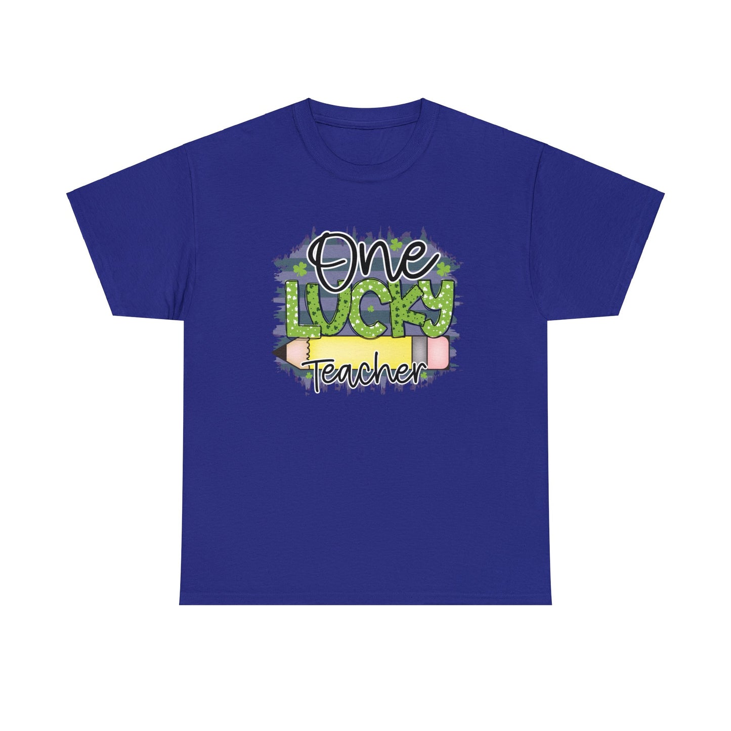 Cobalt color T-shirt with the words One in black Lucky in Green with White and Green Shamrocks and Teacher in Black with white outline.  There is a pencil graphic between the words lucky and teacher.