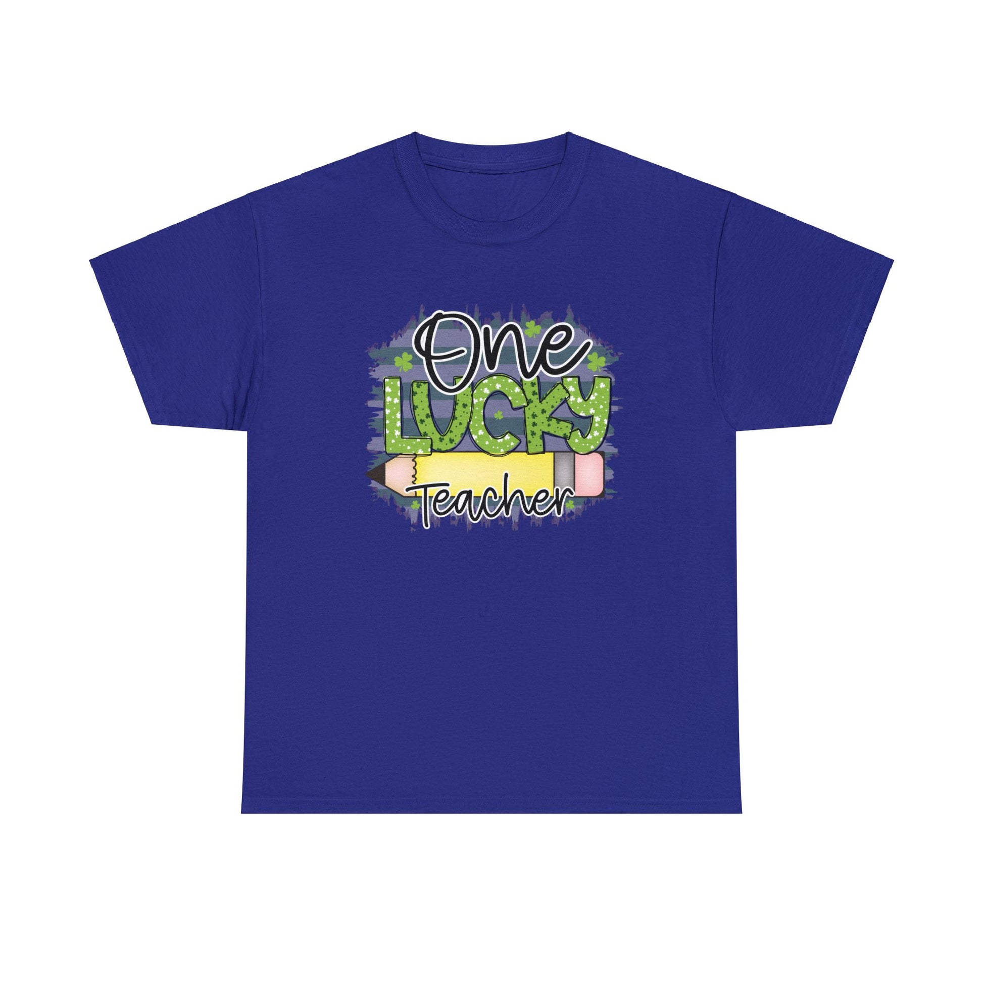 Cobalt color T-shirt with the words One in black Lucky in Green with White and Green Shamrocks and Teacher in Black with white outline.  There is a pencil graphic between the words lucky and teacher.