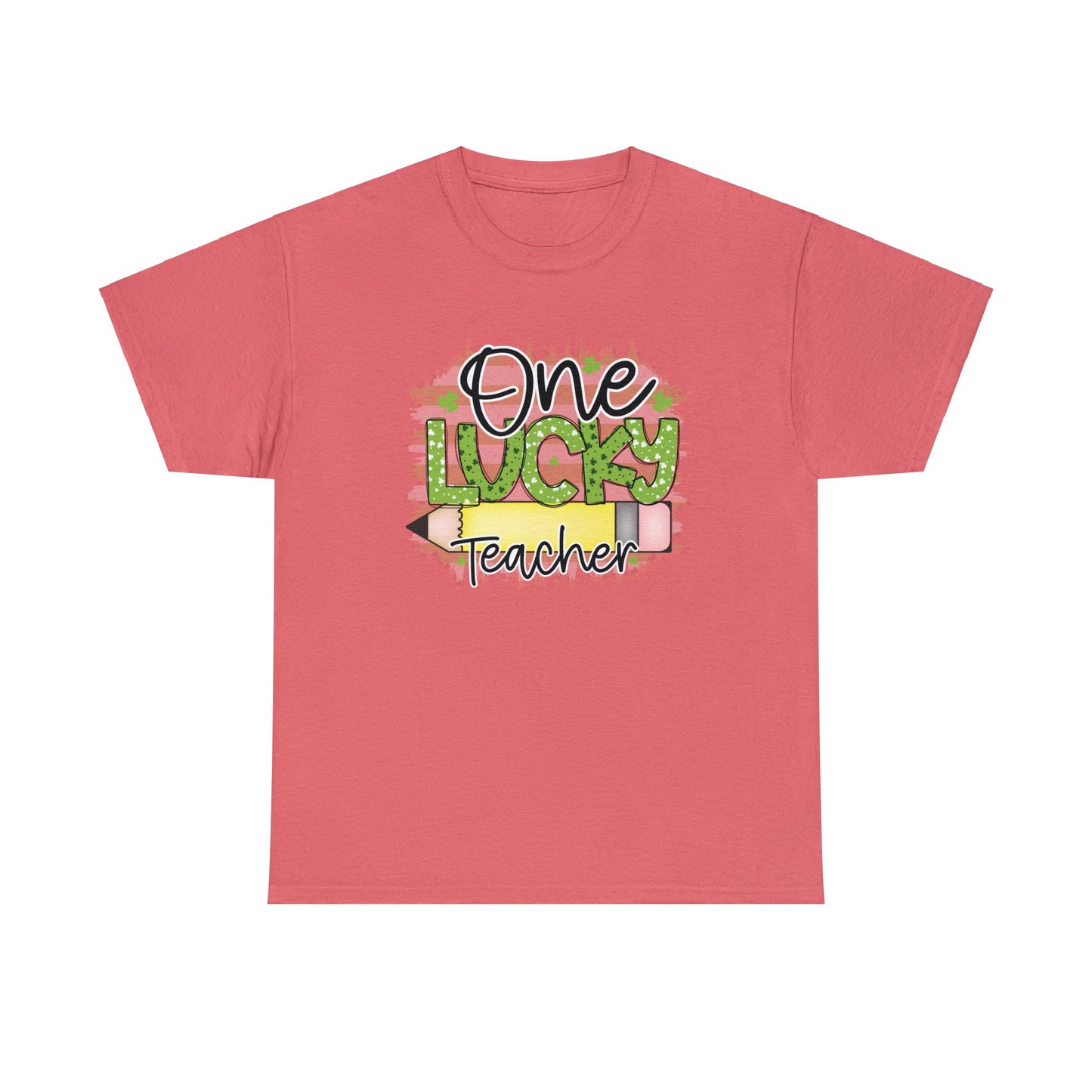 Coral Silk color T-shirt with the words One in black Lucky in Green with White and Green Shamrocks and Teacher in Black with white outline.  There is a pencil graphic between the words lucky and teacher.