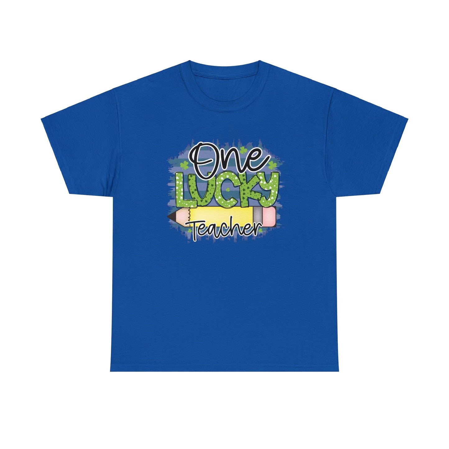 Royal color T-shirt with the words One in black Lucky in Green with White and Green Shamrocks and Teacher in Black with white outline.  There is a pencil graphic between the words lucky and teacher.