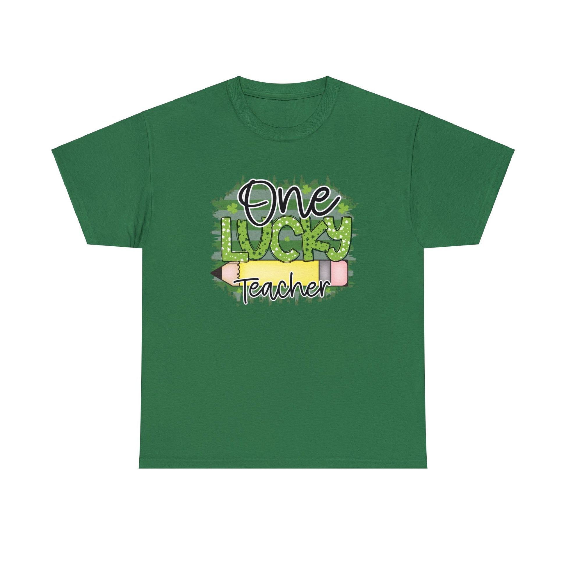 Turf Green color T-shirt with the words One in black Lucky in Green with White and Green Shamrocks and Teacher in Black with white outline.  There is a pencil graphic between the words lucky and teacher.