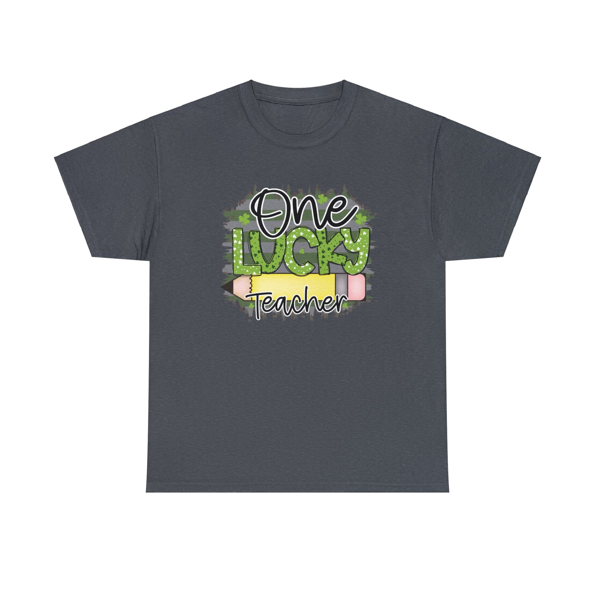 Tweed color T-shirt with the words One in black Lucky in Green with White and Green Shamrocks and Teacher in Black with white outline.  There is a pencil graphic between the words lucky and teacher.