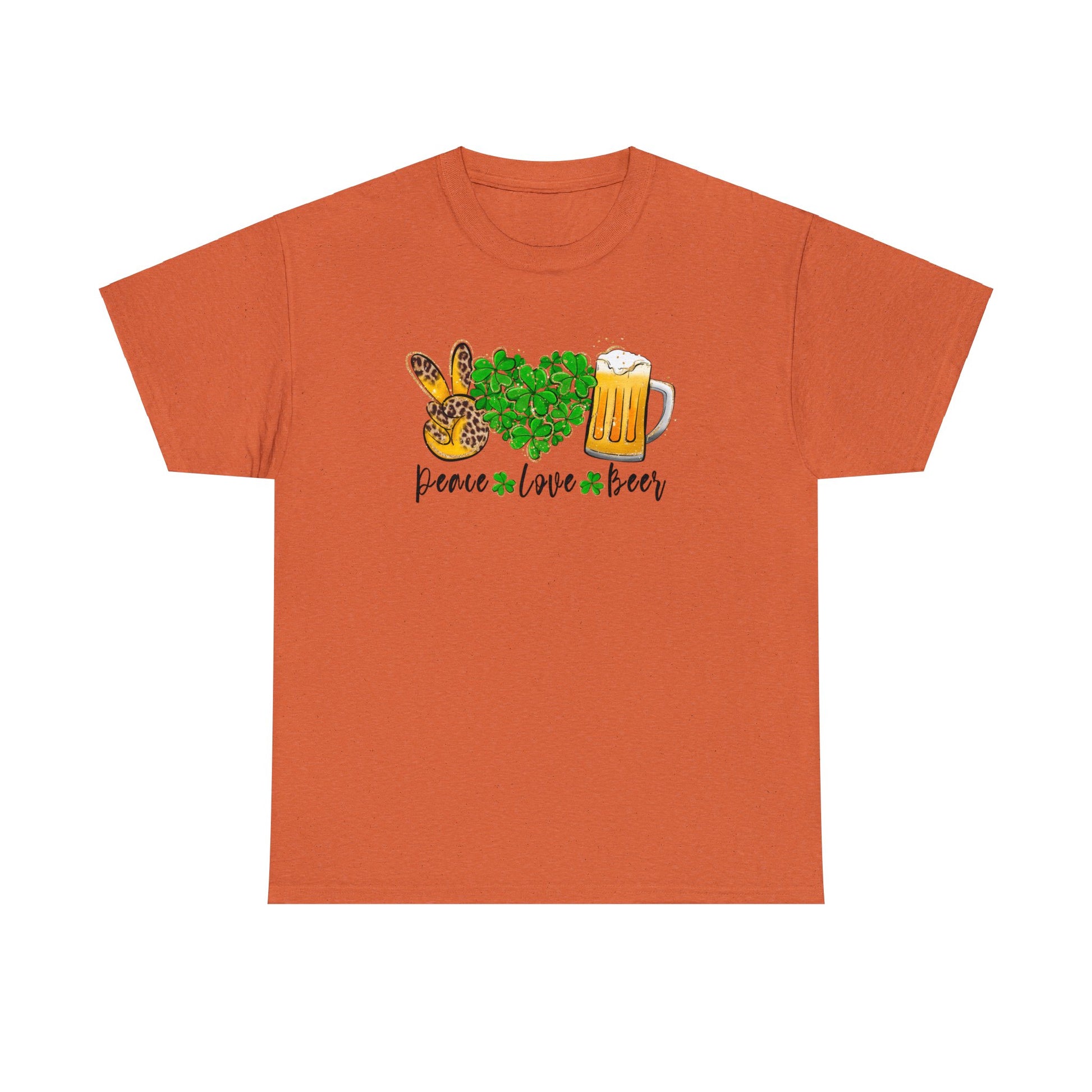 Antique Orange Color T-Shirt with the words Peace, Love, Beer written on it with a hand in a peace sign and heart filled with shamrocks and a mug of beer above each of the words.