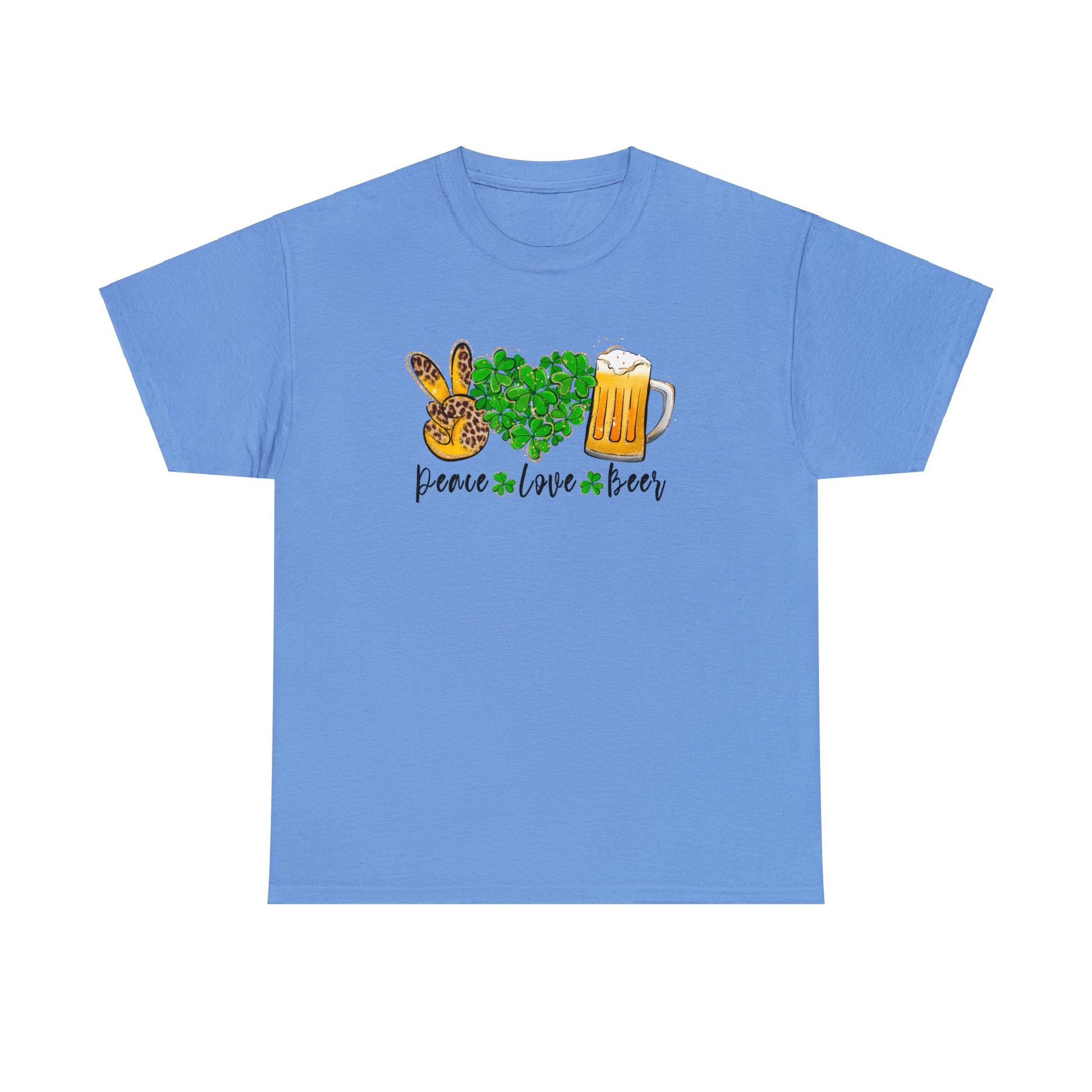 Carolina Blue Color T-Shirt with the words Peace, Love, Beer written on it with a hand in a peace sign and heart filled with shamrocks and a mug of beer above each of the words.