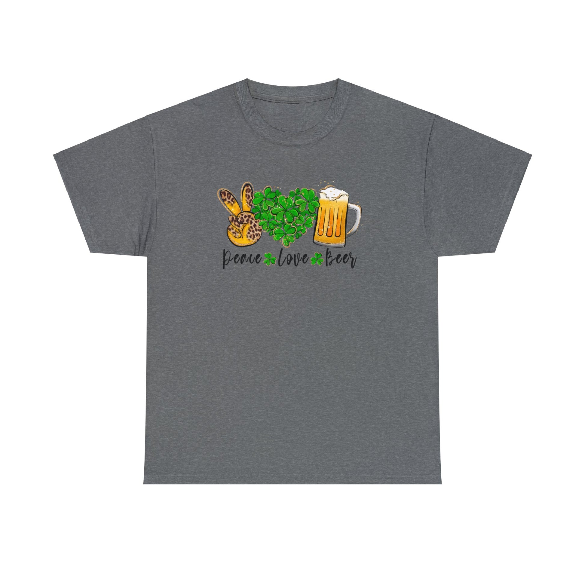 Graphite Heather Color T-Shirt with the words Peace, Love, Beer written on it with a hand in a peace sign and heart filled with shamrocks and a mug of beer above each of the words.