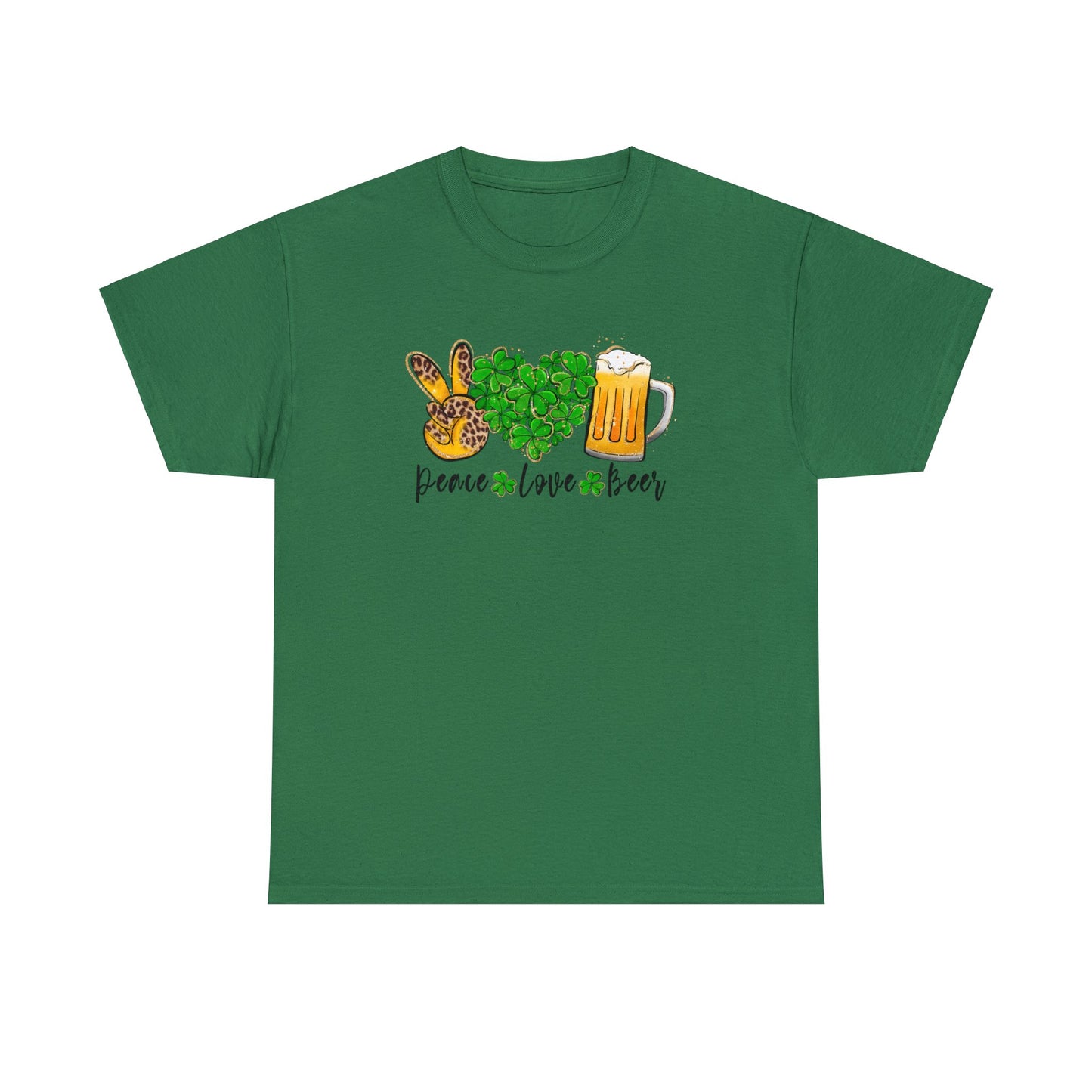 Turf Green Color T-Shirt with the words Peace, Love, Beer written on it with a hand in a peace sign and heart filled with shamrocks and a mug of beer above each of the words.