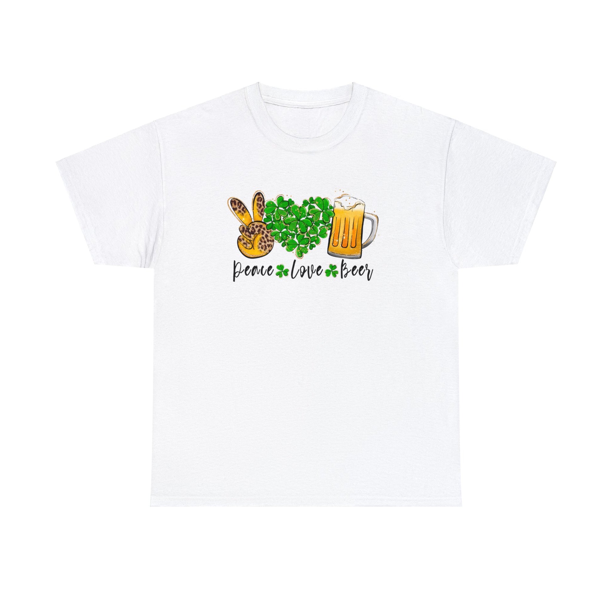 White Color T-Shirt with the words Peace, Love, Beer written on it with a hand in a peace sign and heart filled with shamrocks and a mug of beer above each of the words.