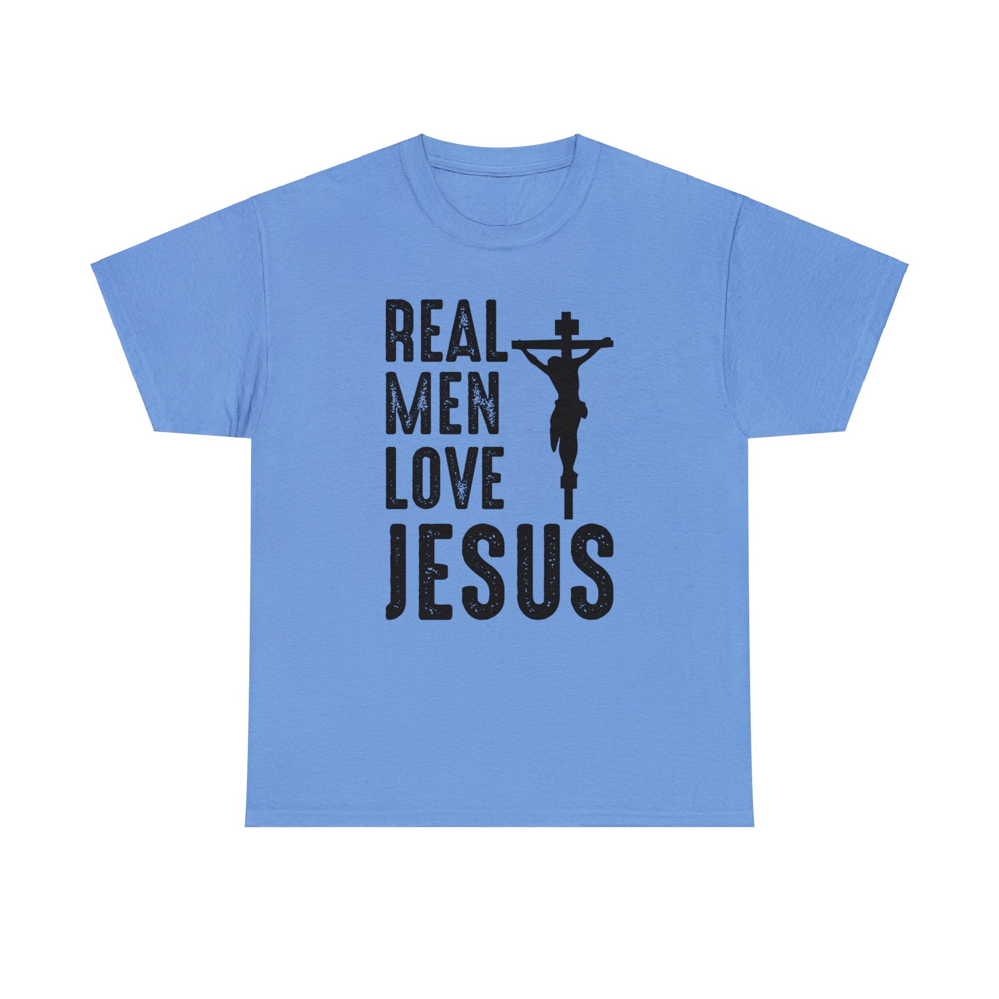 Carolina Blue colored t-shirt with the words "Real Men Love Jesus" and a graphic with Jesus on the Cross