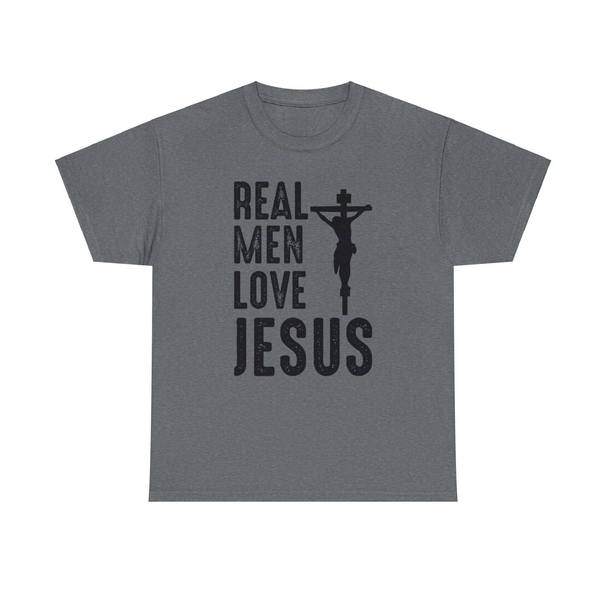 Graphite Heather colored t-shirt with the words "Real Men Love Jesus" and a graphic with Jesus on the Cross