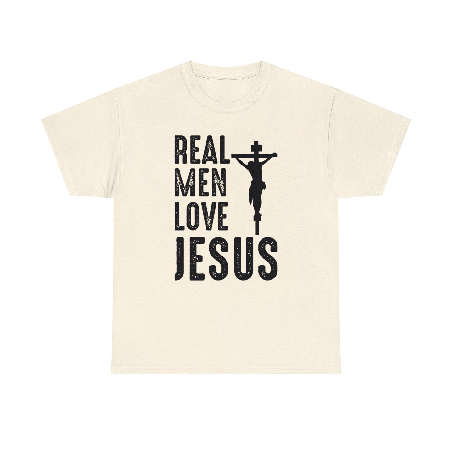 Ivory colored t-shirt with the words "Real Men Love Jesus" and a graphic with Jesus on the Cross