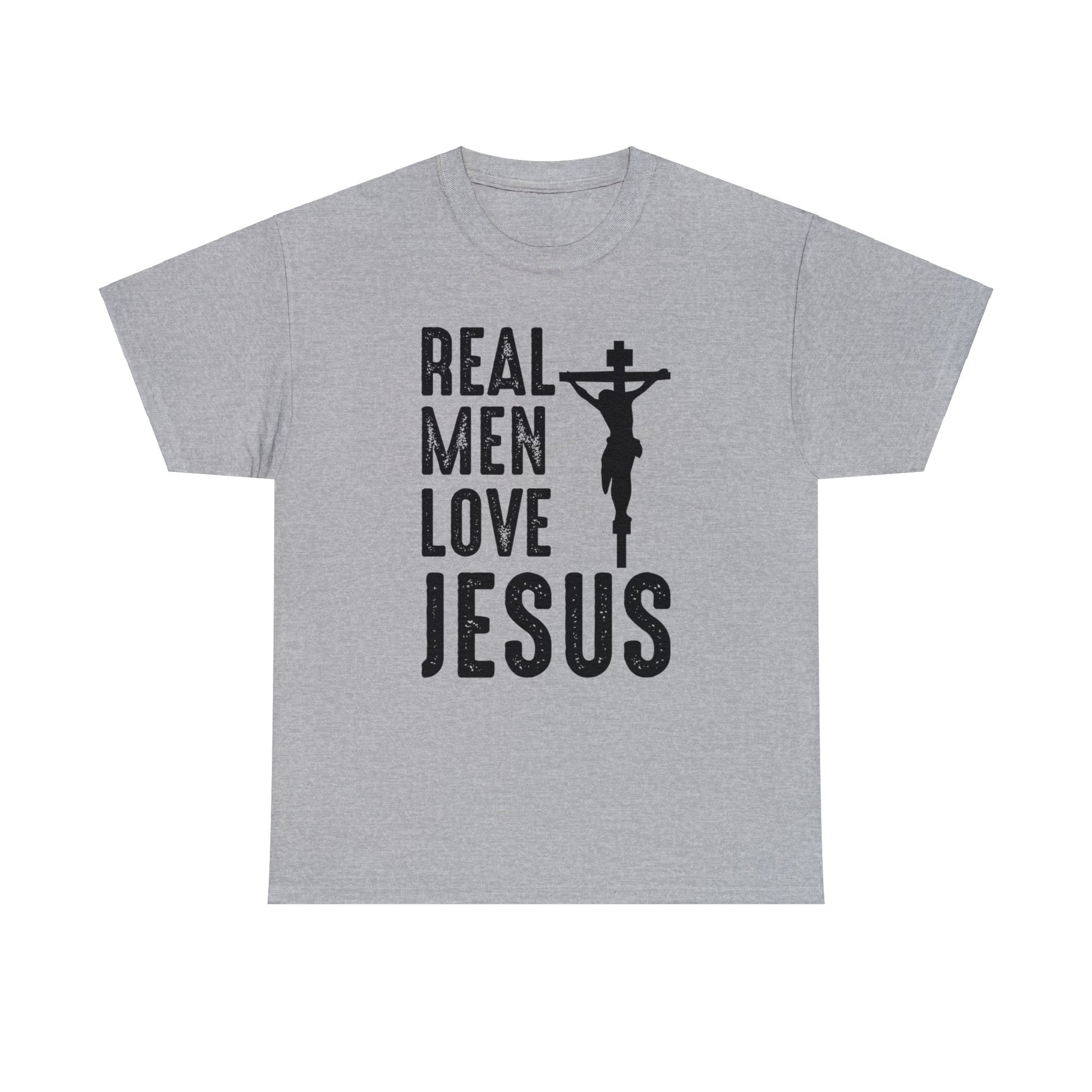 Sport Grey colored t-shirt with the words "Real Men Love Jesus" and a graphic with Jesus on the Cross