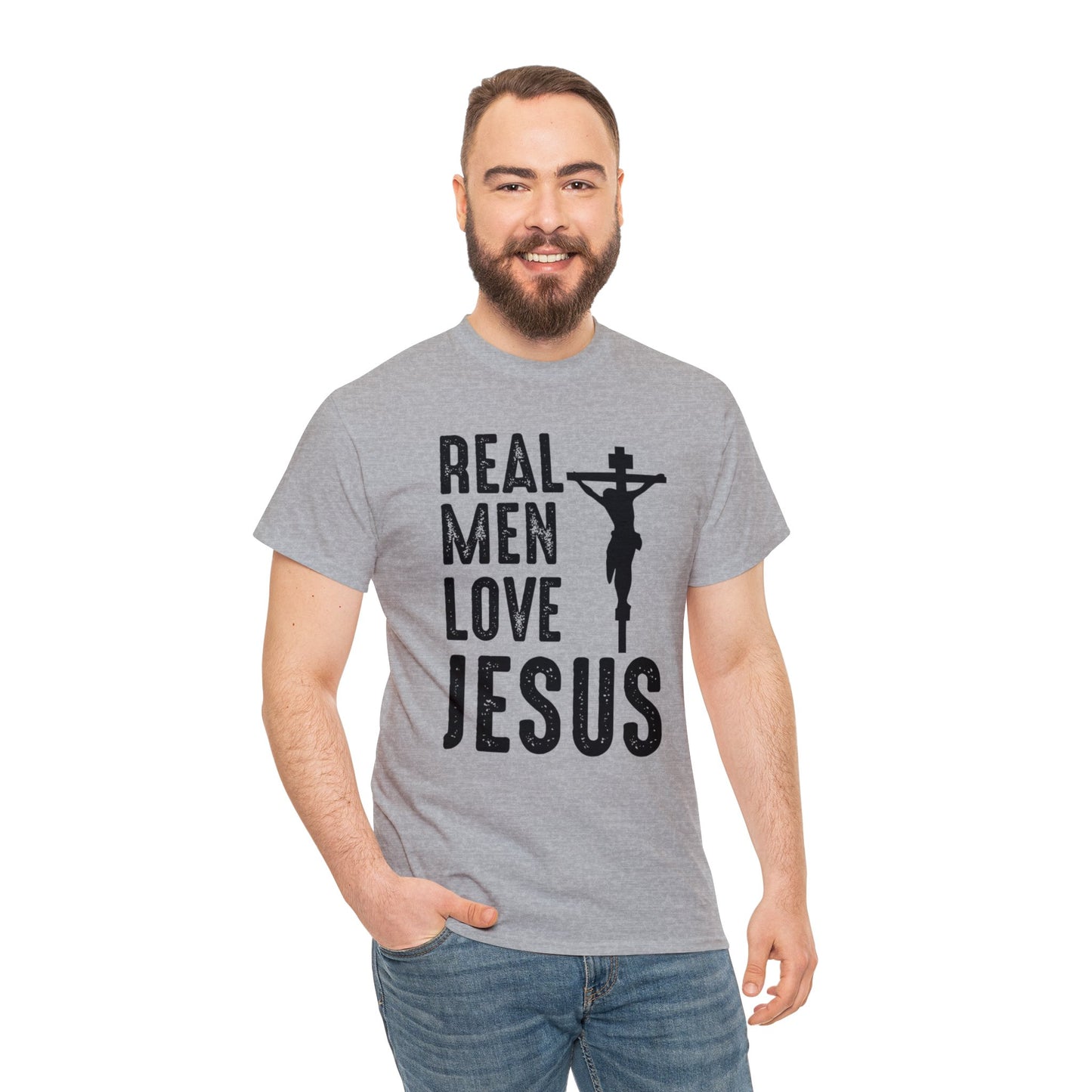 Sport Grey colored t-shirt with the words "Real Men Love Jesus" and a graphic with Jesus on the Cross worn by male