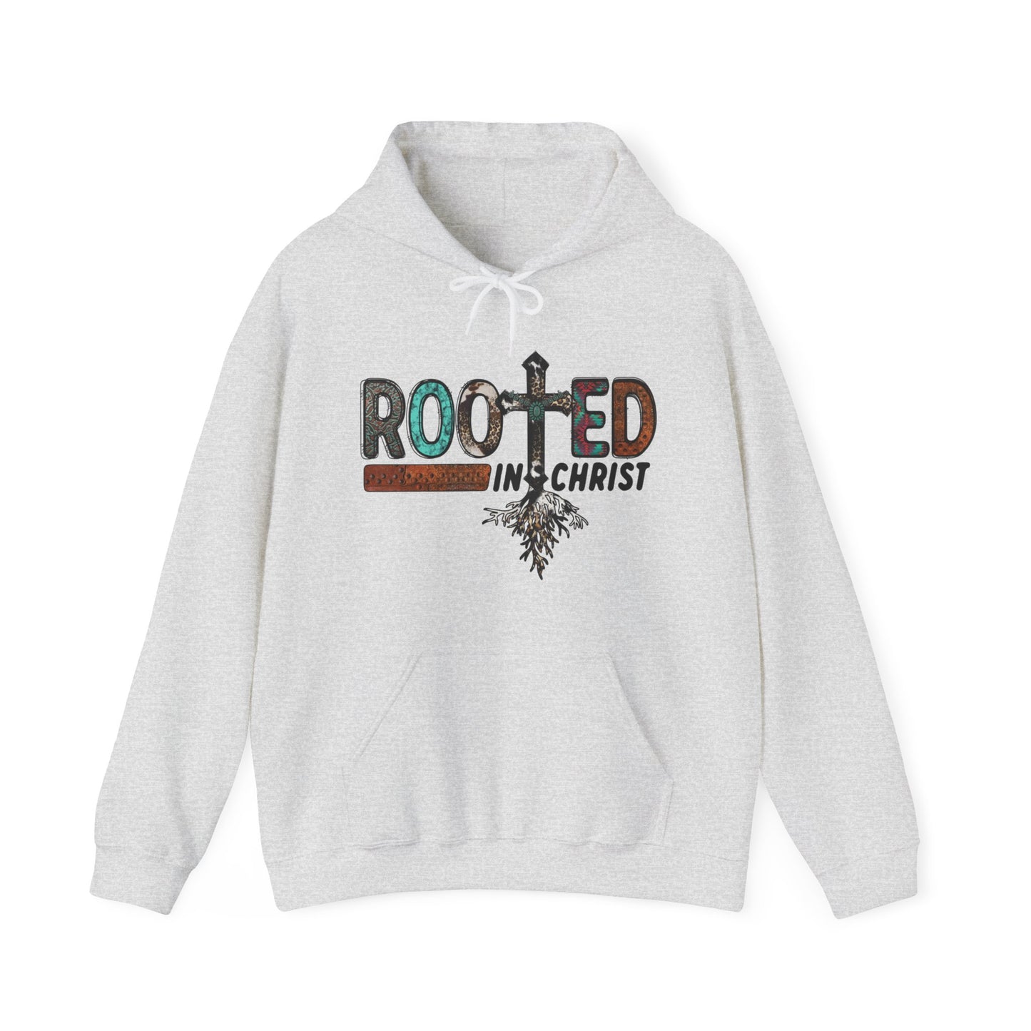 Ash Grey colored hoodie sweatshirt with the words Rooted in Christ across the chest with roots growing out of the T in the word rooted represented by a cross