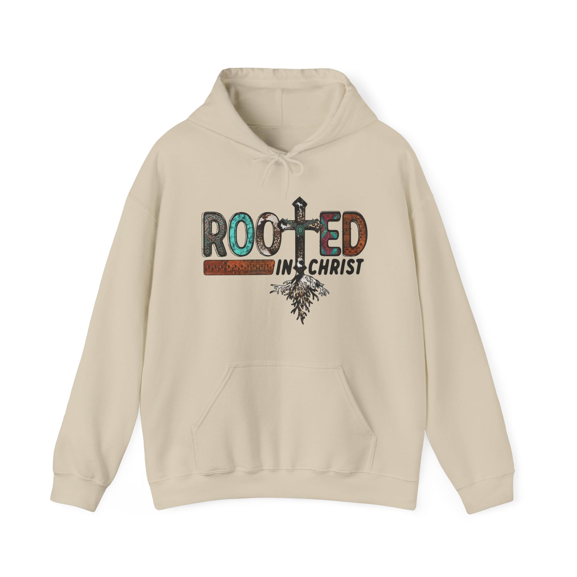 Sand colored hoodie sweatshirt with the words Rooted in Christ across the chest with roots growing out of the T in the word rooted represented by a cross