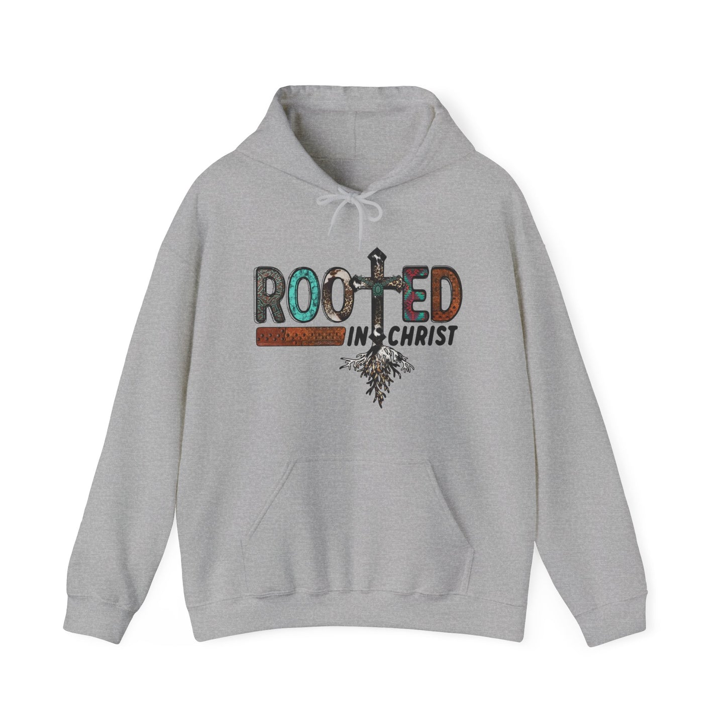 Sport Grey colored hoodie sweatshirt with the words Rooted in Christ across the chest with roots growing out of the T in the word rooted represented by a cross