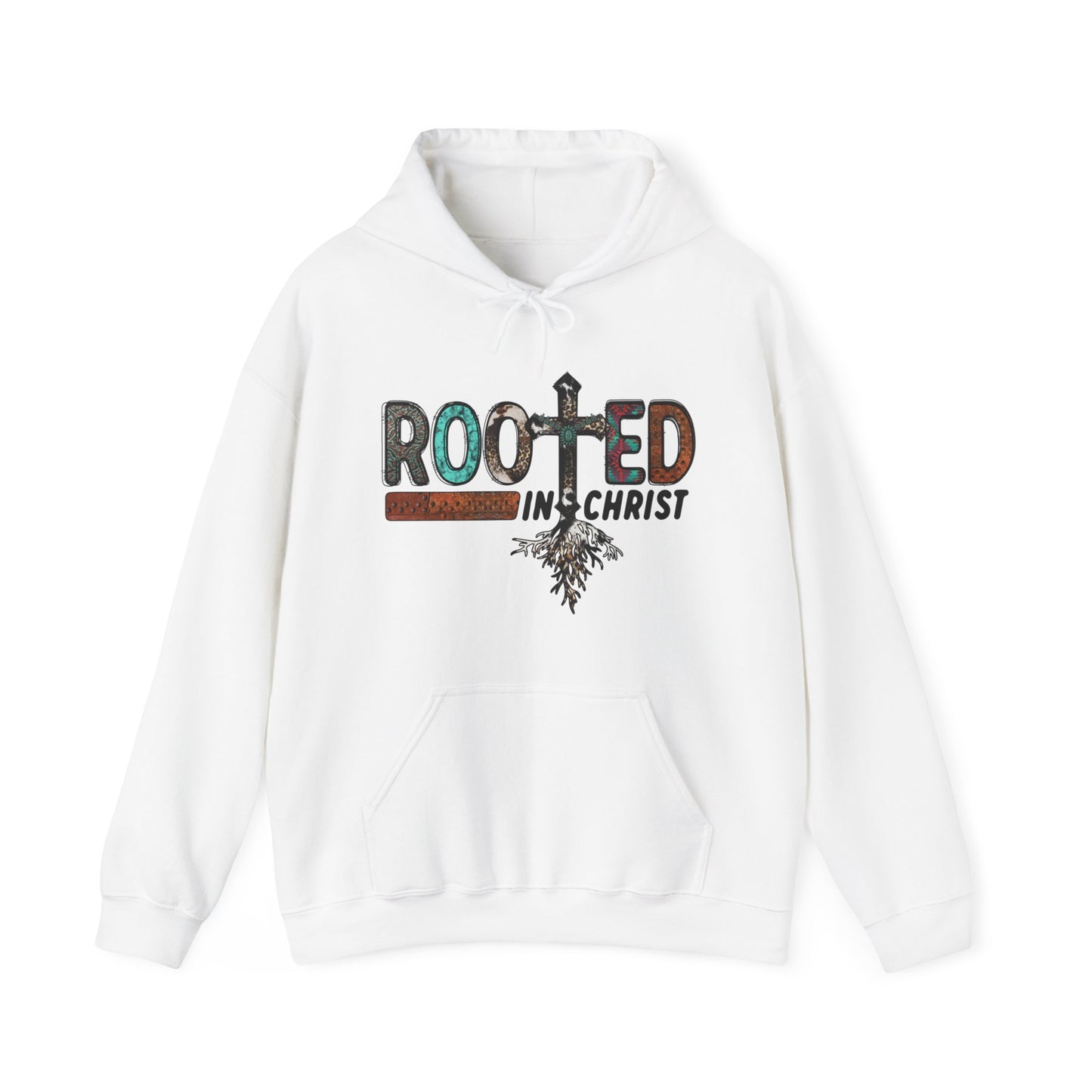 White colored hoodie sweatshirt with the words Rooted in Christ across the chest with roots growing out of the T in the word rooted represented by a cross