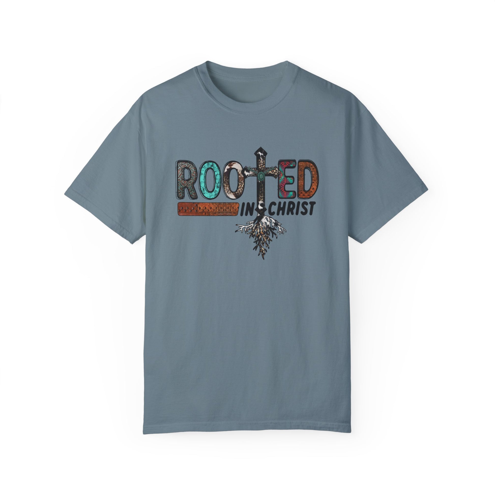 Ice Blue colored T-shirt with the words Rooted in Christ across the chest with roots growing out of the T in the word rooted represented by a cross