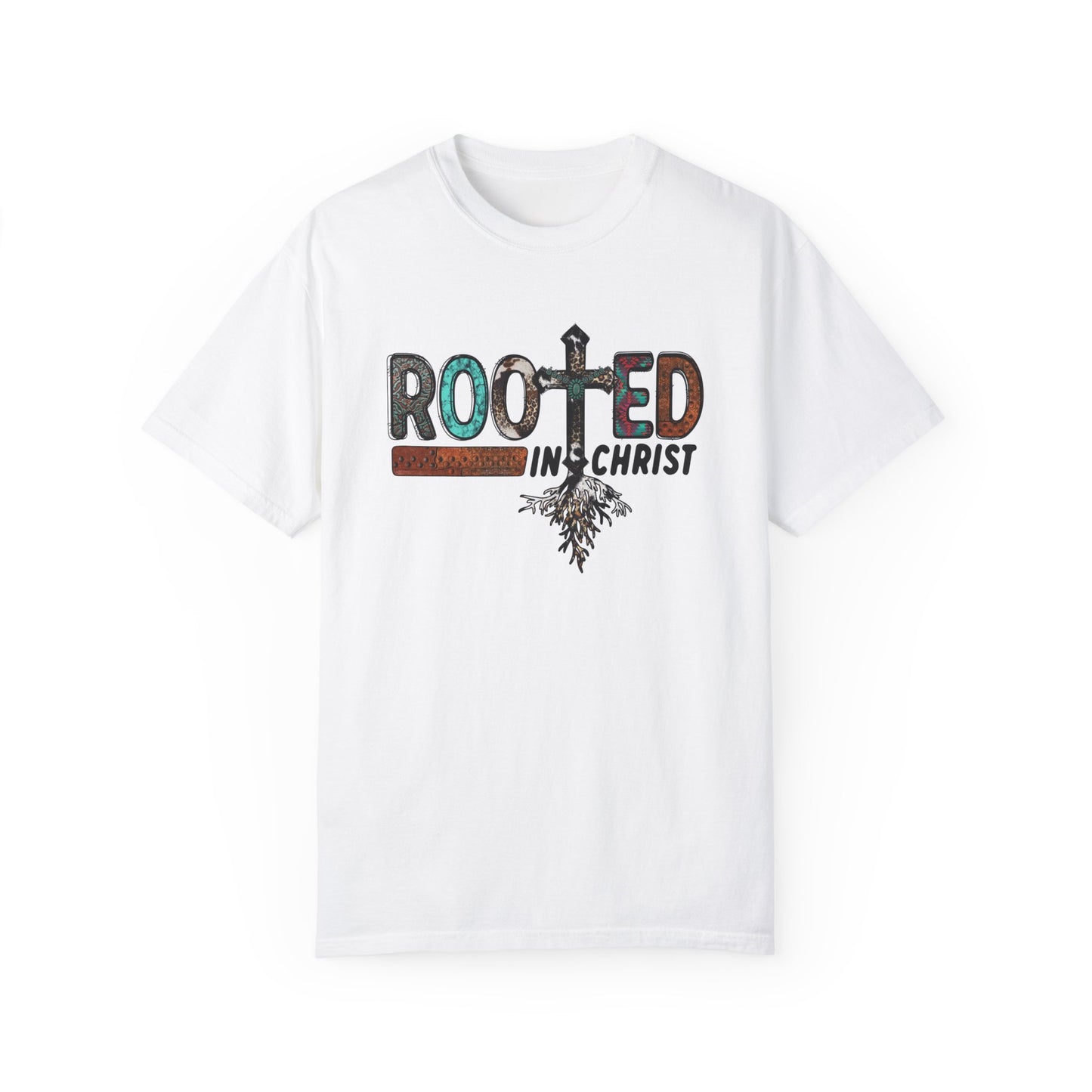 White colored T-shirt with the words Rooted in Christ across the chest with roots growing out of the T in the word rooted represented by a cross