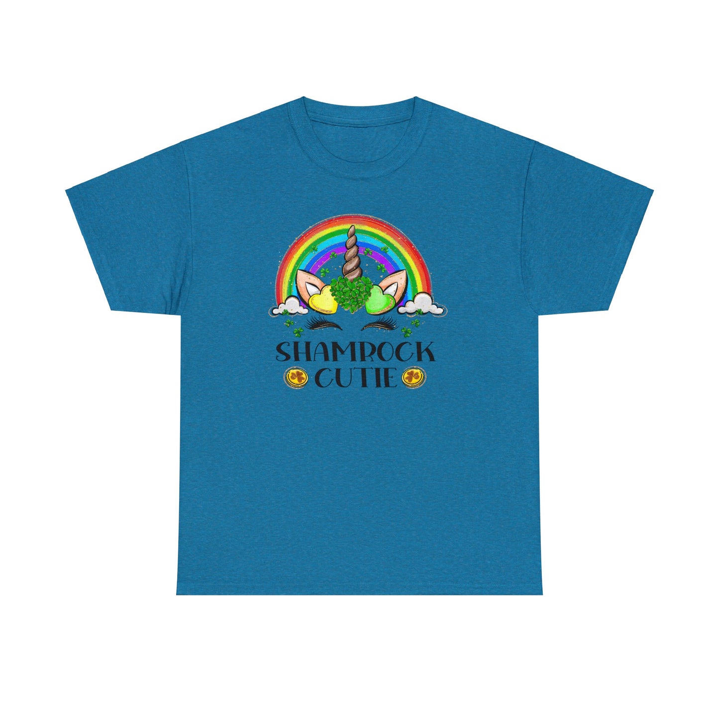 Antique Sapphire color St. Patrick's Day T-Shirt with a rainbow surrounding a unicorn with hearts at the base of the horn one made up of shamrocks and the words Shamrock Cutie under the unicorn face.