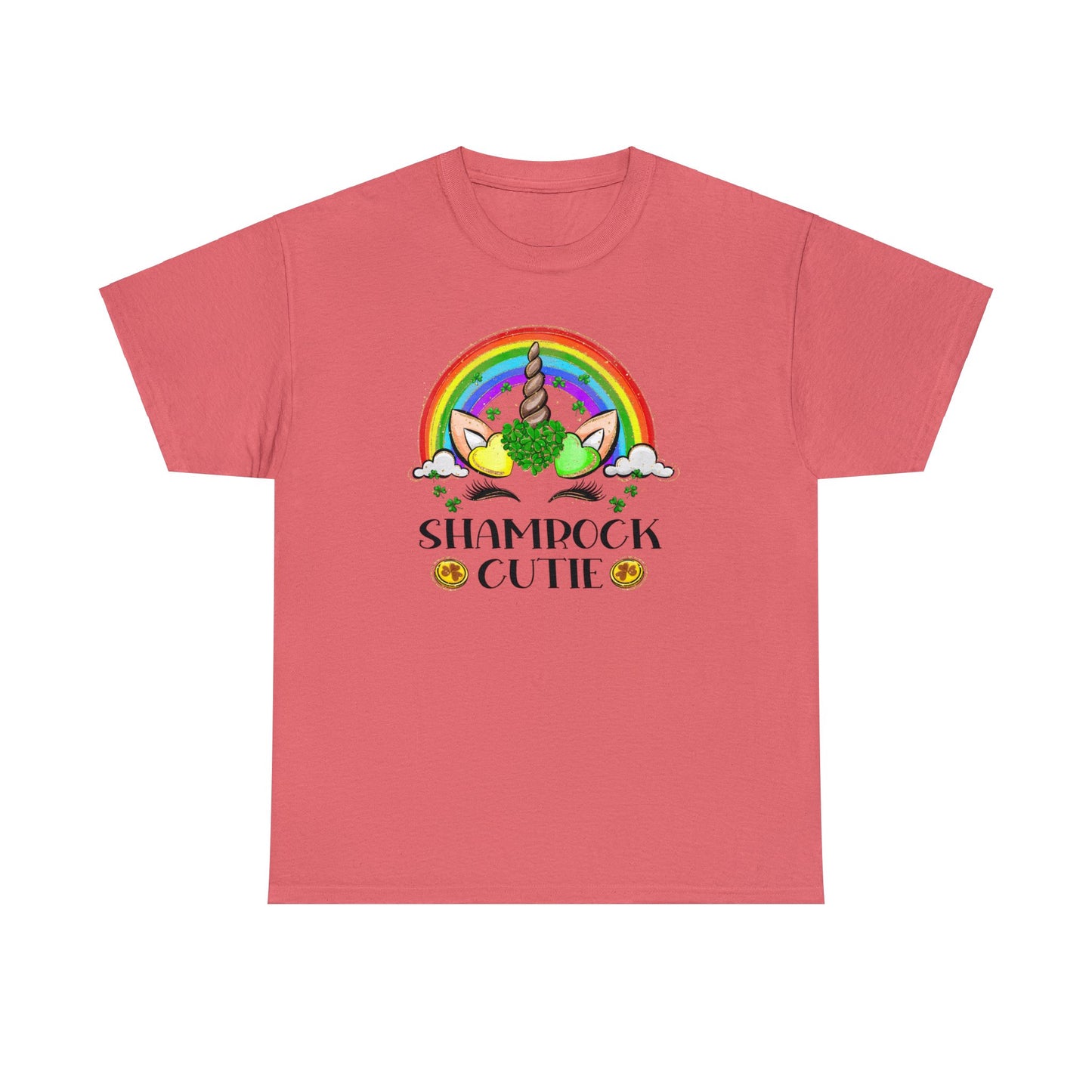 Coral Silk color St. Patrick's Day T-Shirt with a rainbow surrounding a unicorn with hearts at the base of the horn one made up of shamrocks and the words Shamrock Cutie under the unicorn face.